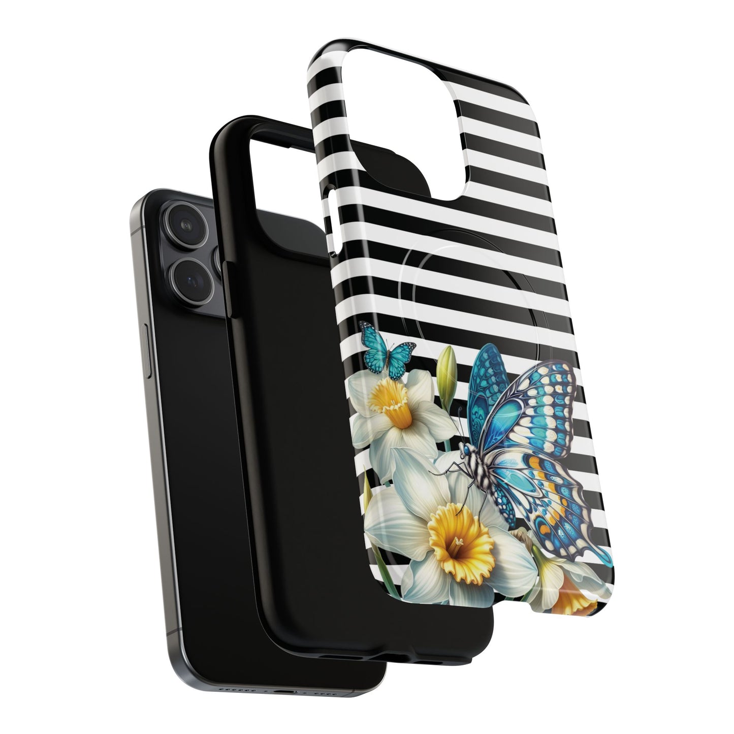 Daffodil Flutter Tough iPhone Magnetic Case, Floral iPhone Accessories, Stylish iPhone Cover, Black Striped Design, Gift for Her, Trendy iPhone