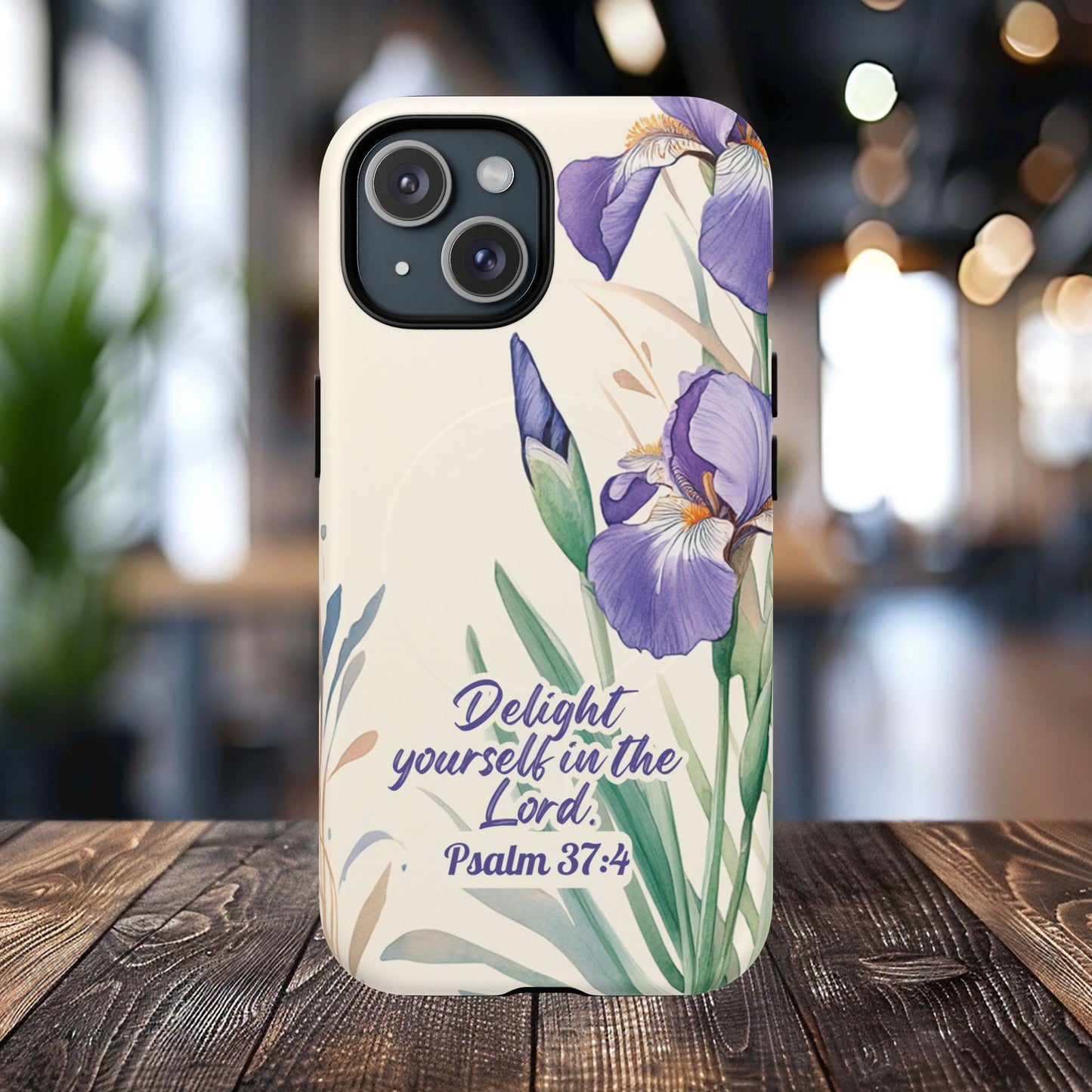 Delight yourself in the Lord Psalm 37:4, Inspirational Gift, iPhone Magnetic Case Scripture, Floral Bible Verse, MagSafe® iPhone® Tough Case, iPhone 14, iPhone 15, iPhone 16, Pro, Pro Max, Plus.