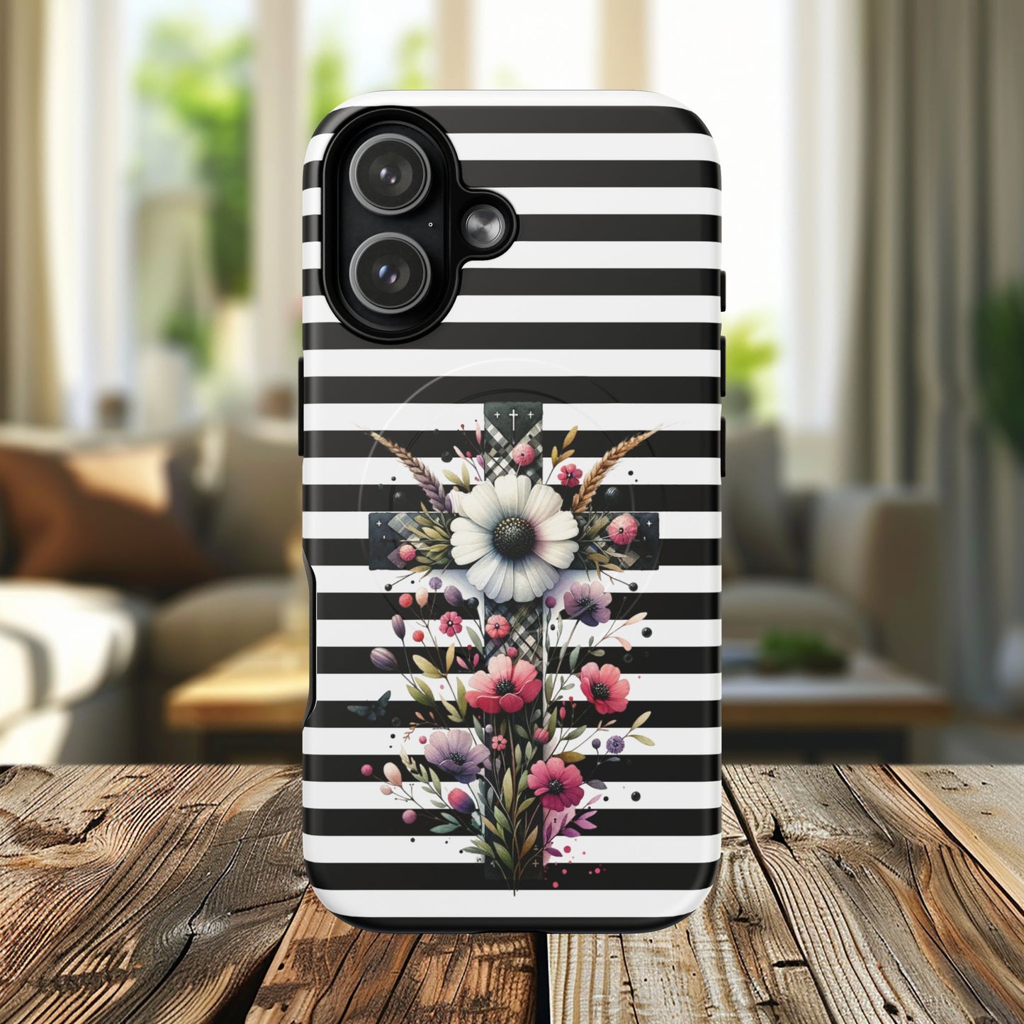 Faith in Bloom Tough iPhone Magnetic Case, iPhone Accessories, Floral iPhone Cover, Durable Cases for Gifts, Black and White Stripes