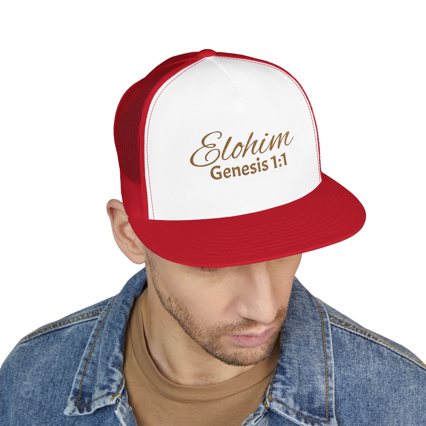 'ELOHIM, GENESIS 1:1'  Embroidered 5 Panel Trucker Cap | Casual Style Hat, Adjustable, Unisex, Perfect Gift for Outdoors, Festivals, Daily Wear