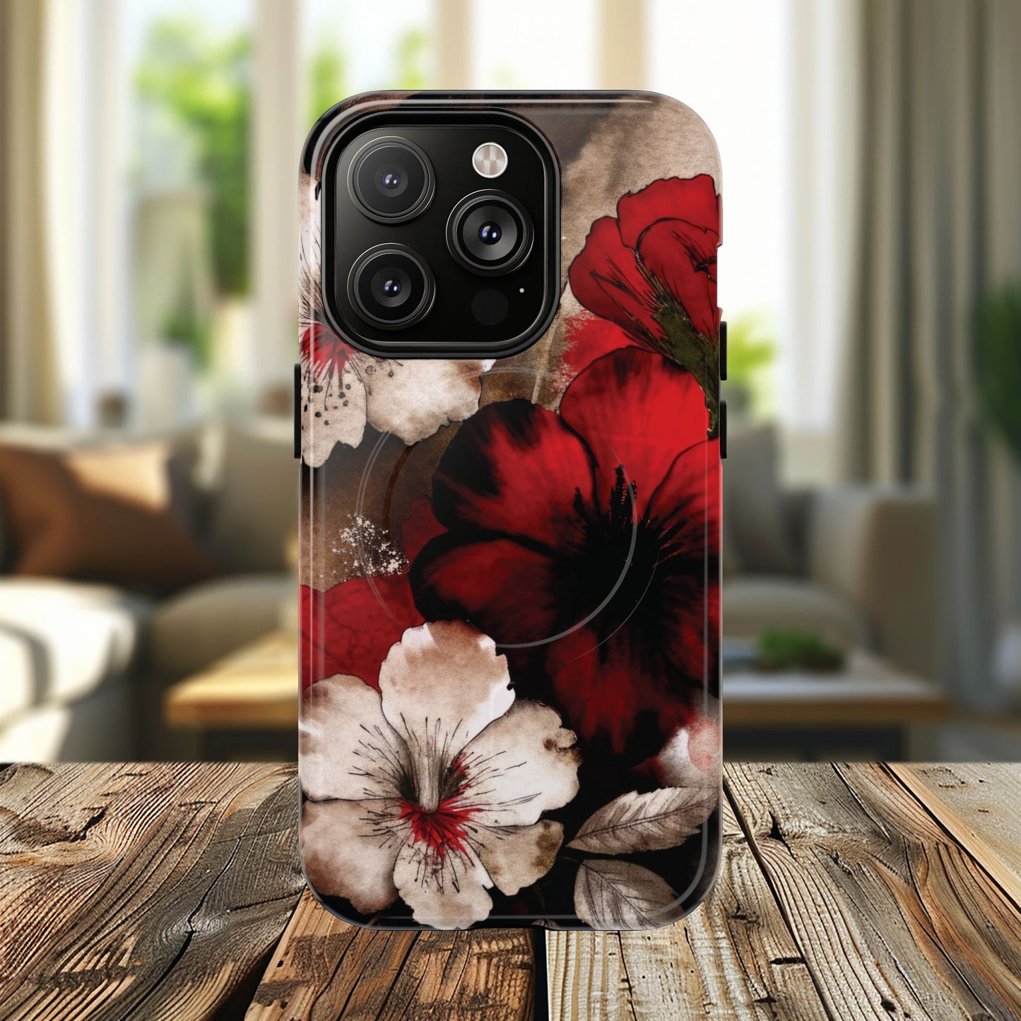 Crimson Noir Tough iPhone Magnetic Cases, Tough iPhone Protector, Stylish Floral Design, Gift for Her, Floral Accessories