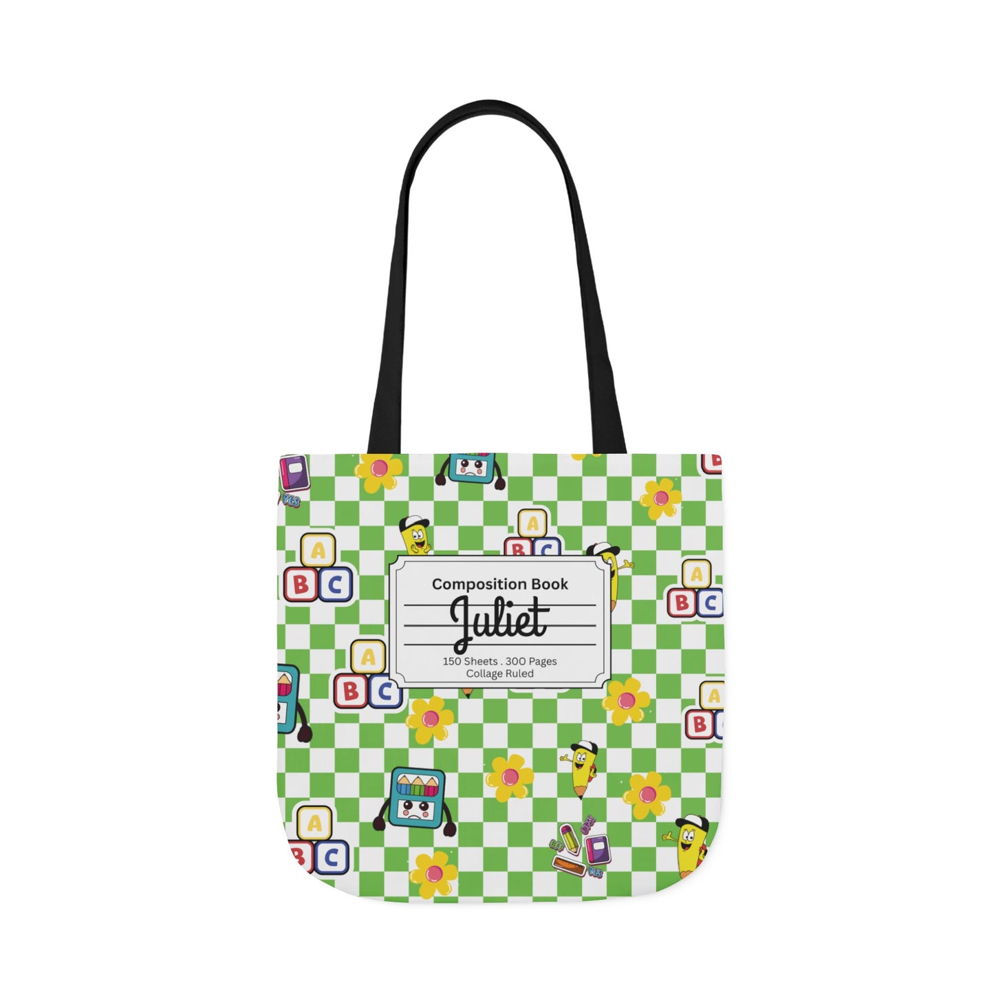Personalized Green Schoolyard Chic Composition Book Inspired Canvas Tote Bag with Colorful Straps, Cute School Bag, Eco-Friendly Tote, Back to School Shopping Bag, Teacher Gift Idea
