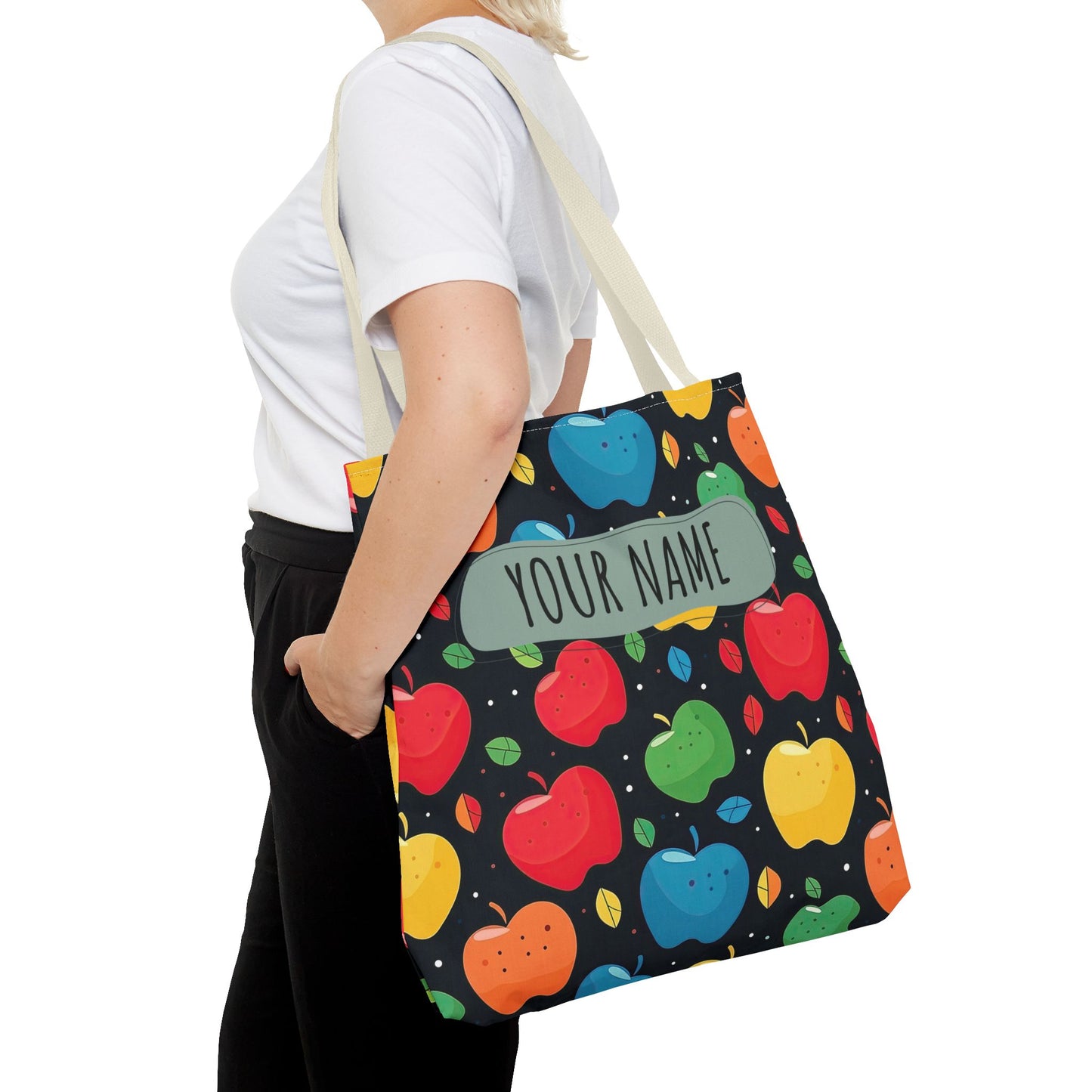 All-Over Apple Print Personalized Tote Bag — Durable Everyday Carry (3 Sizes, 5 Handle Colors)