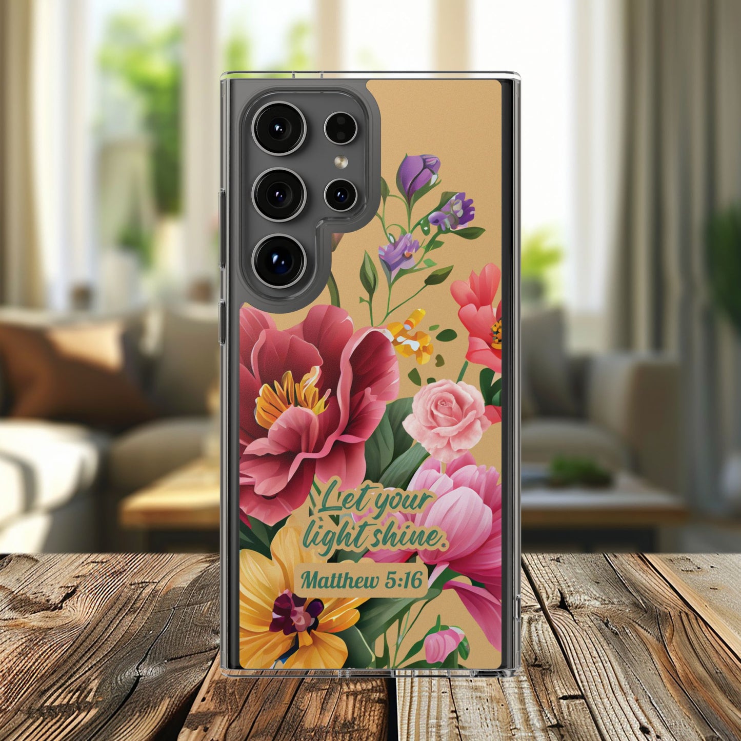 Clear Floral Bible Verse Phone Case — "Let Your Light Shine" (Matthew 5:16) for iPhone and Samsung Cases.