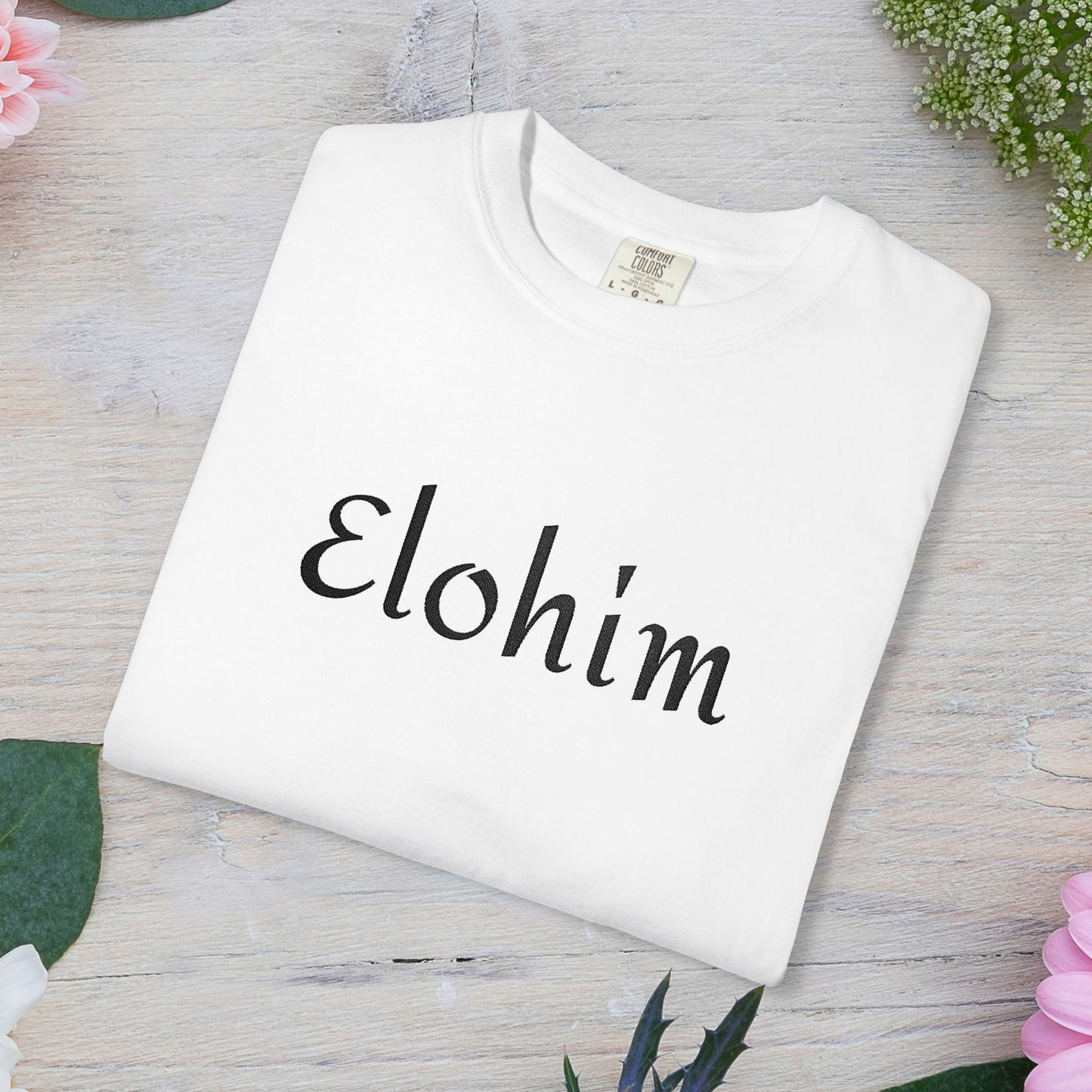 Embroidery 'ELOHIM, GENESIS 1:1' - Faith-Based Unisex Garment-Dyed Comfort Colors T-shirt, Faith Gift Tee, Religious Tee, Embroidery Tee.