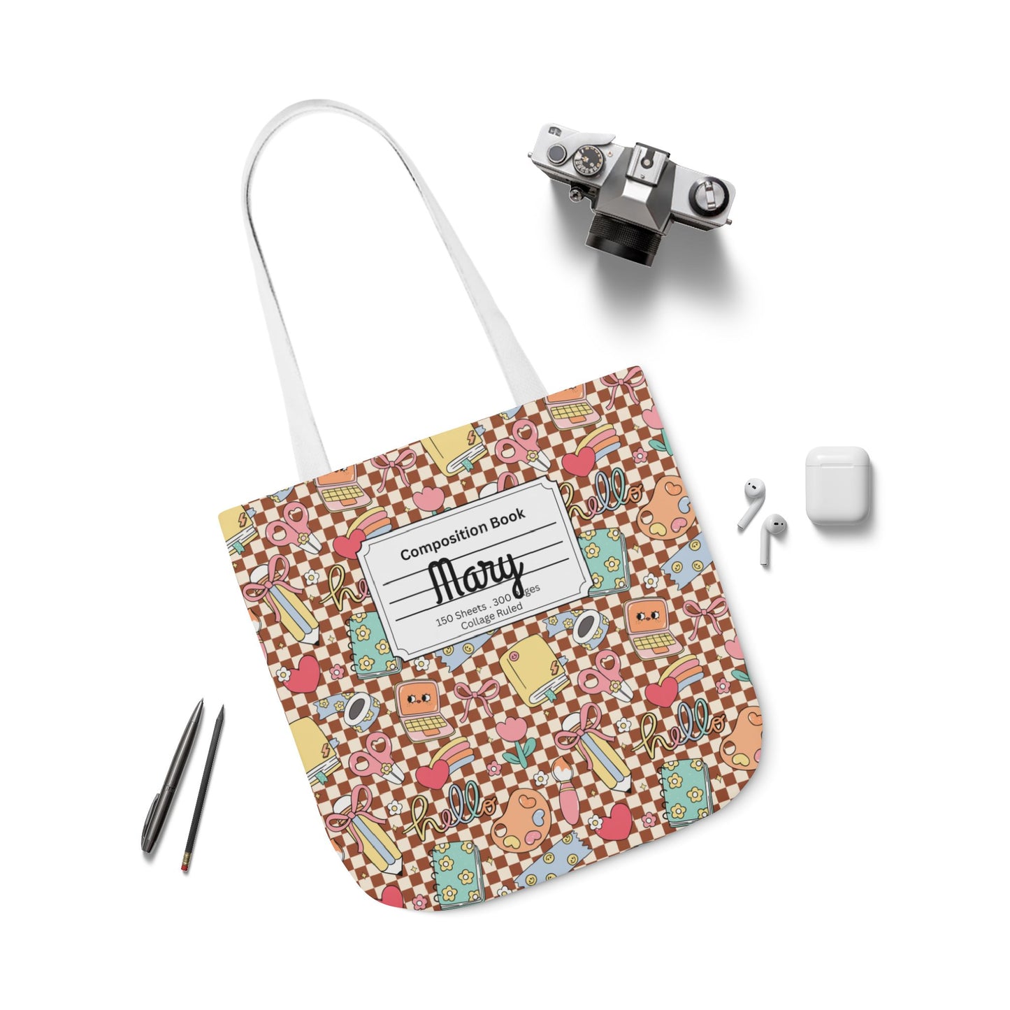 Personalized Brown Doodle Daydream Composition Book Inspired Canvas Tote Bag with Colorful Straps, Cute School Bag, Eco-Friendly Tote, Back to School Shopping Bag, Teacher Gift Idea