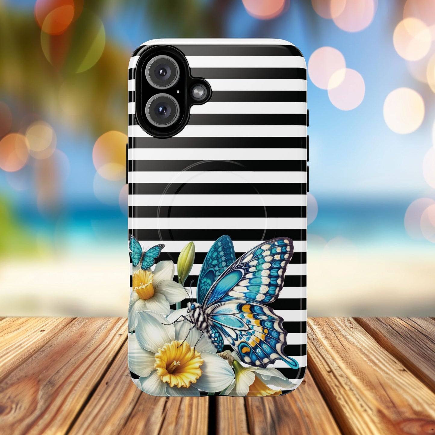 Daffodil Flutter Tough iPhone Magnetic Case, Floral iPhone Accessories, Stylish iPhone Cover, Black Striped Design, Gift for Her, Trendy iPhone
