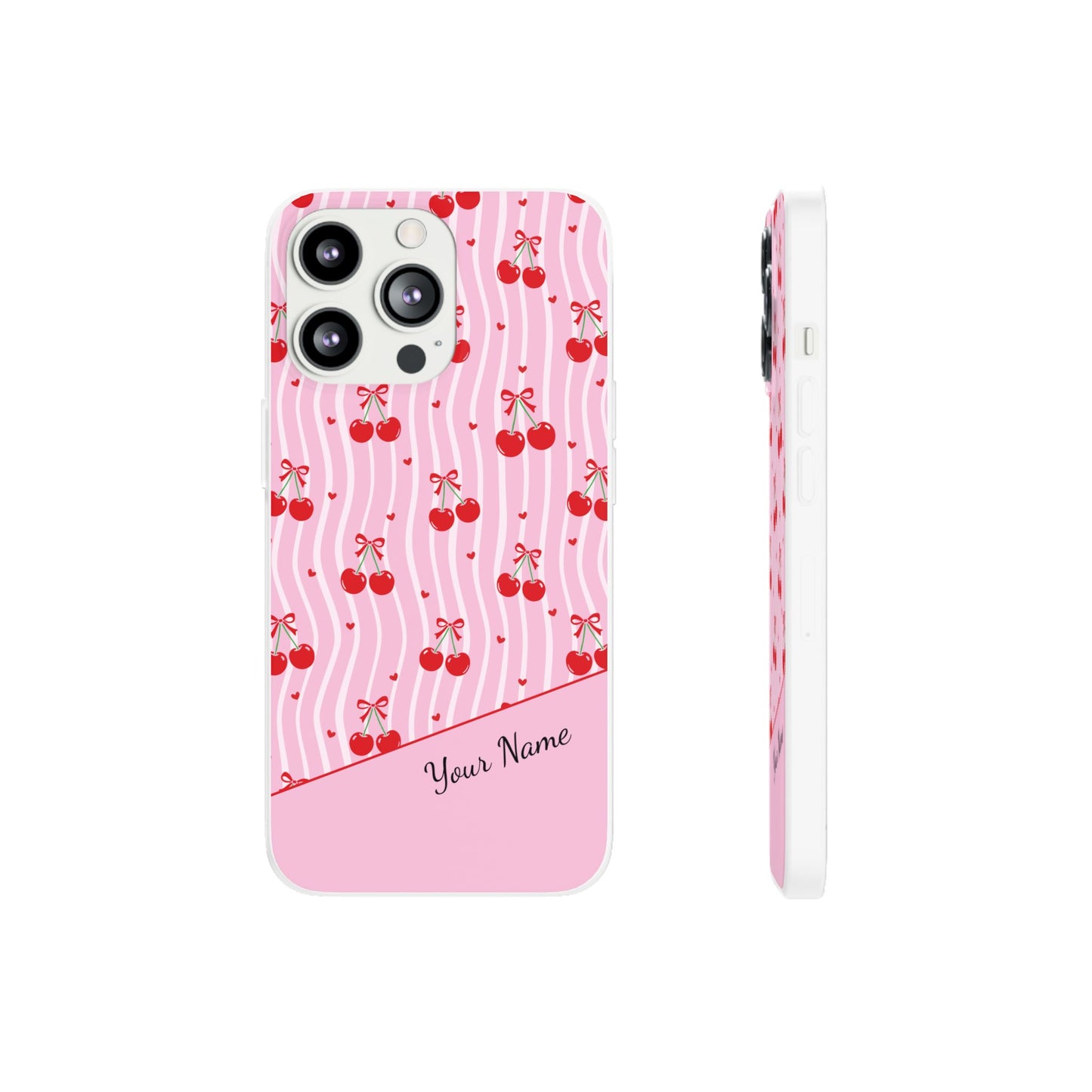 Personalized Cherry Blossom Dreams Flexi Case — Pink Retro Cherry iPhone® 7/8, 11, 12, 13, 14, 15, 16, 17, X/XS, SE, XR, Mini, Pro, Pro Max, Plus Cases.