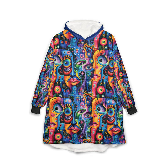 Psychedelic Visions Colorful Unisex Hooded Blanket with Abstract Faces - Cozy and Fun