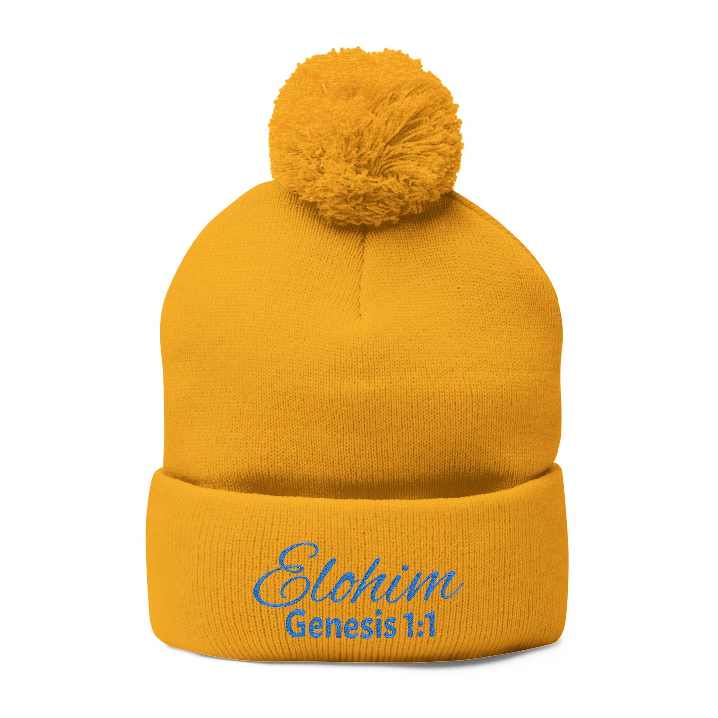Pom-Pom Knit Cap with 'ELOHIM, GENESIS 1:1'  Embroidery Beanie - Stylish Winter Accessory for All Ages, Perfect Gift for Birthdays, Holidays, and Outdoor Activities