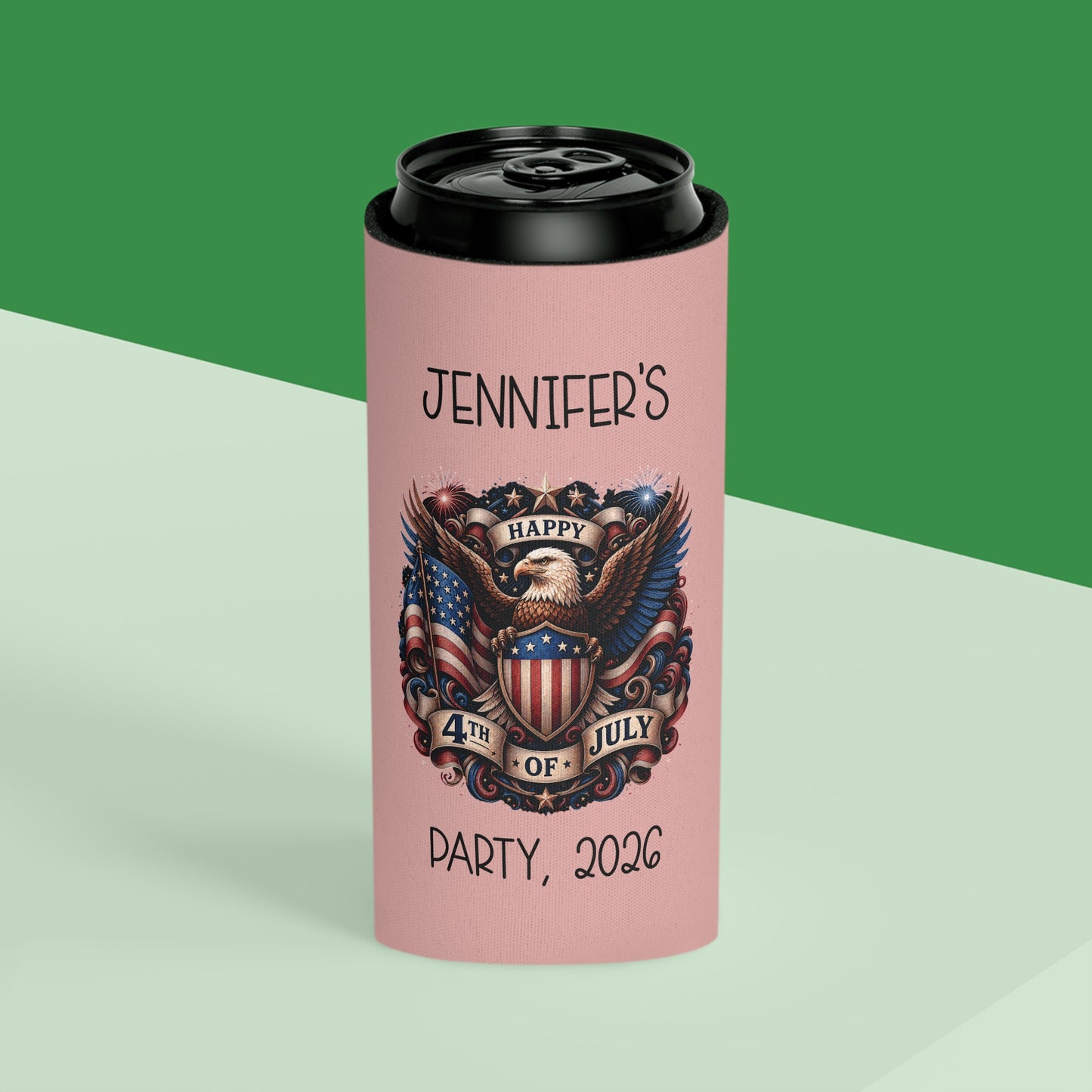 Personalized 4th of July Can Cooler — Custom Name Patriotic Eagle