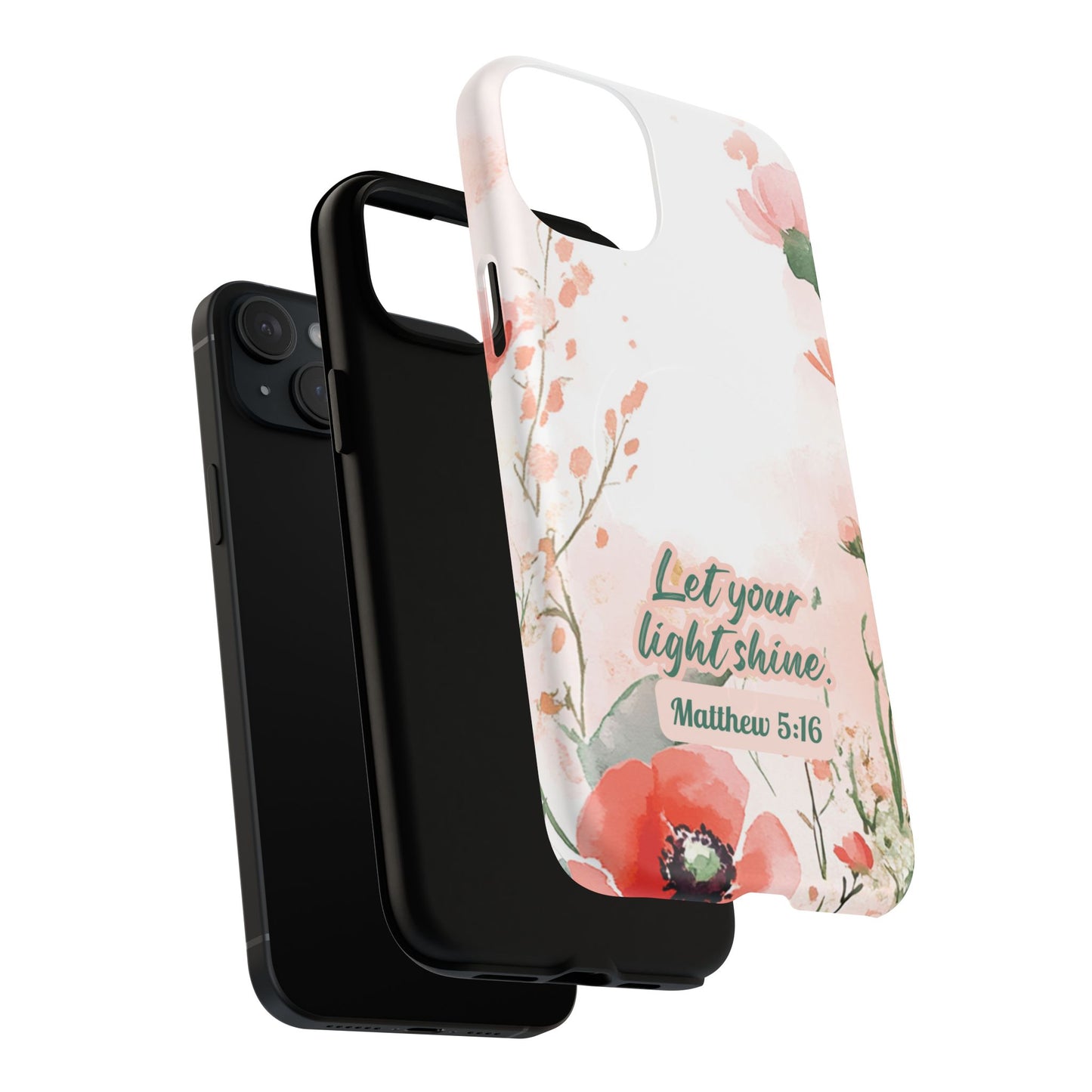 Let your Light Shine Matthew 5:16, Inspirational Gift, Tough iPhone Magnetic Case Scripture, Floral Bible Verse, MagSafe® iPhone® Tough Case, iPhone 14, iPhone 15, iPhone 16, Pro, Pro Max, Plus.