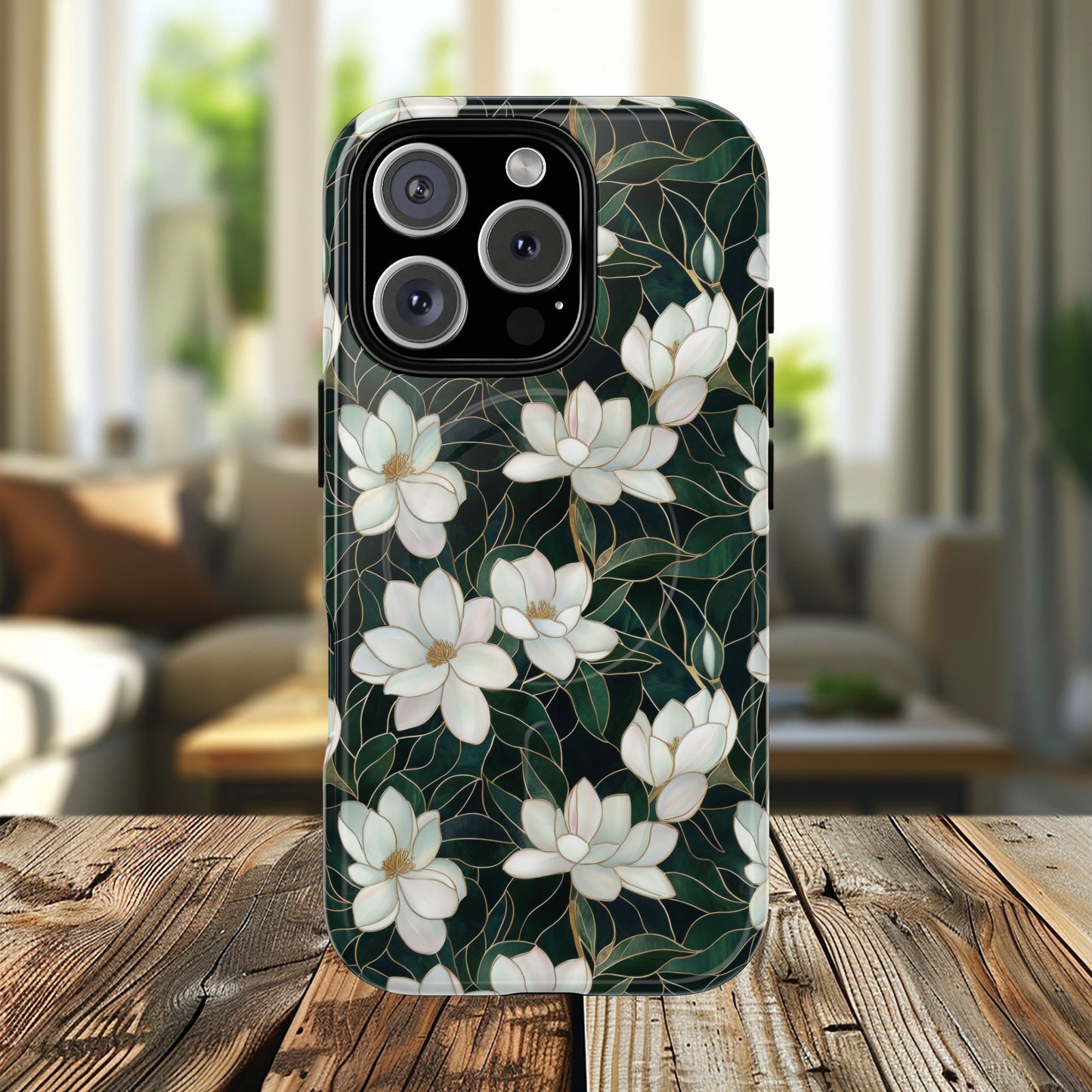 Midnight Magnolia Tough iPhone Magnetic Case, Stylish Stained Glass iPhone Protection, Nature Lover Gift, Spring Vibes
