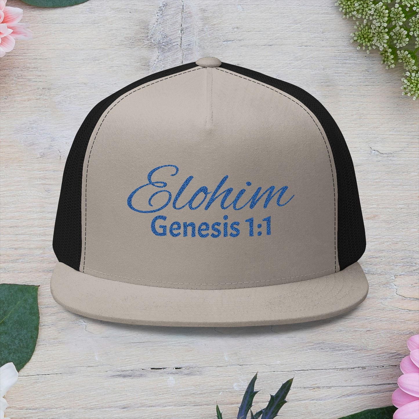 Navy 'ELOHIM, GENESIS 1:1'  Embroidered 5 Panel Trucker Cap | Casual Style Hat, Adjustable, Unisex, Perfect Gift for Outdoors, Festivals, Daily Wear