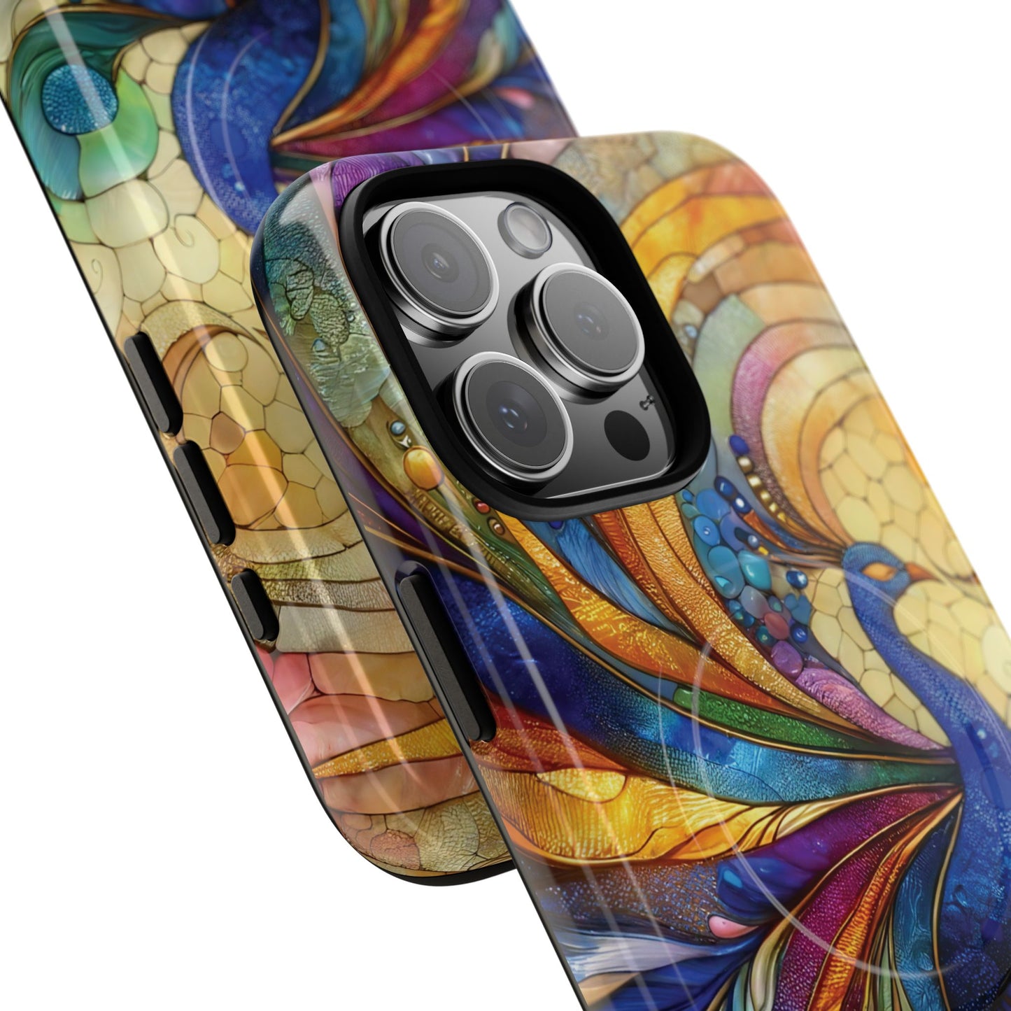 Mosaic Peacock Feathers Magnetic Phone Case, Tough Phone Shell, Vibrant Art Case, Gift for Her, Unique Phone Accessory, Wildlife Lover's Gift, Stained Glass Case.