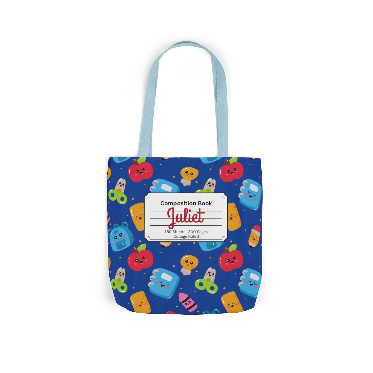 Personalized Blue Kawaii Composition Book Inspired Canvas Tote Bag with Colorful Straps, Cute School Bag, Eco-Friendly Tote, Back to School Shopping Bag, Teacher Gift Idea