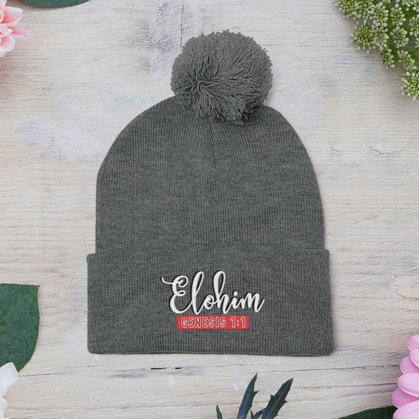 Pom-Pom Knit Cap with 'ELOHIM, GENESIS 1:1'  Embroidery Beanie - Stylish Winter Accessory for All Ages, Perfect Gift for Birthdays, Holidays, and Outdoor Activities