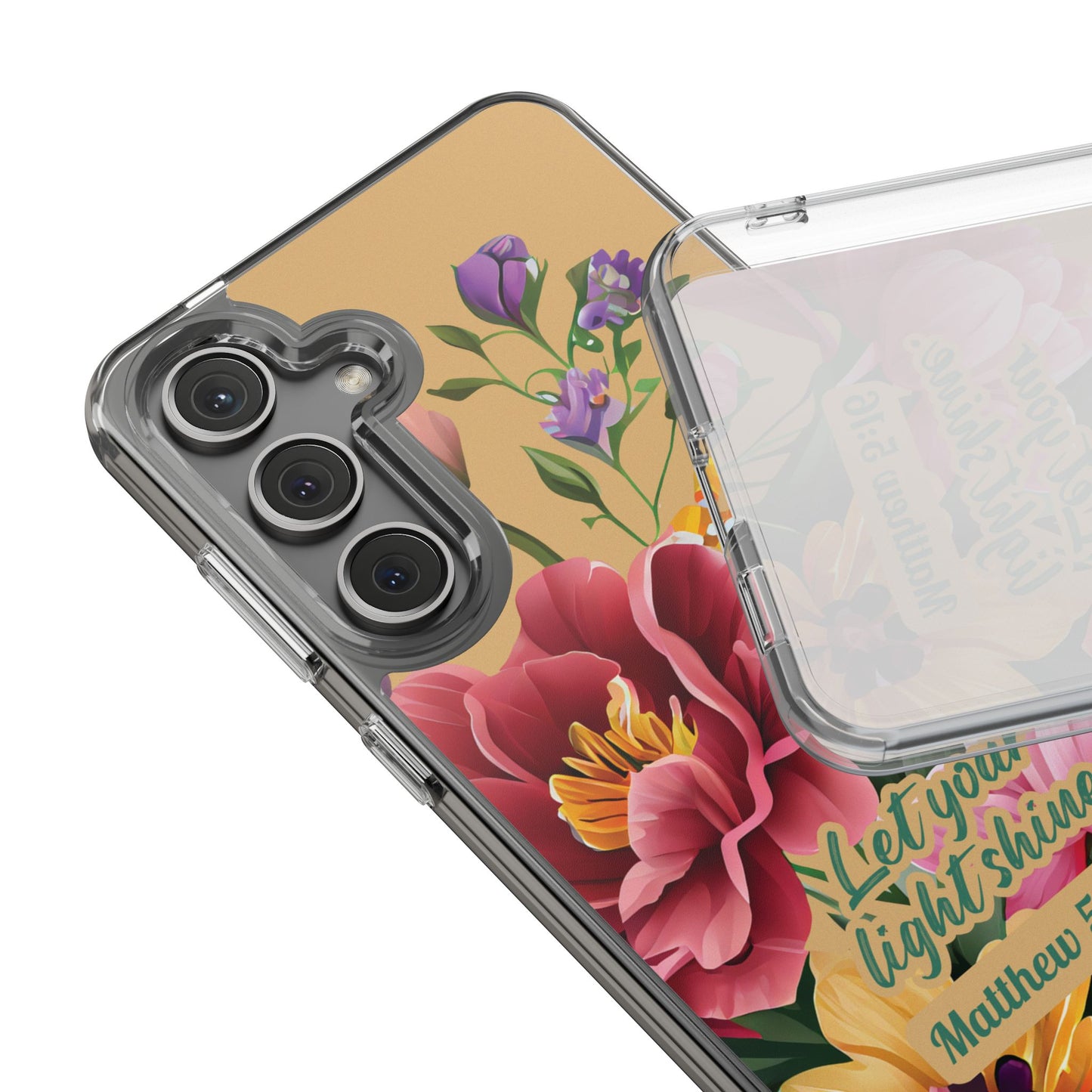 Clear Floral Bible Verse Phone Case — "Let Your Light Shine" (Matthew 5:16) for iPhone and Samsung Cases.
