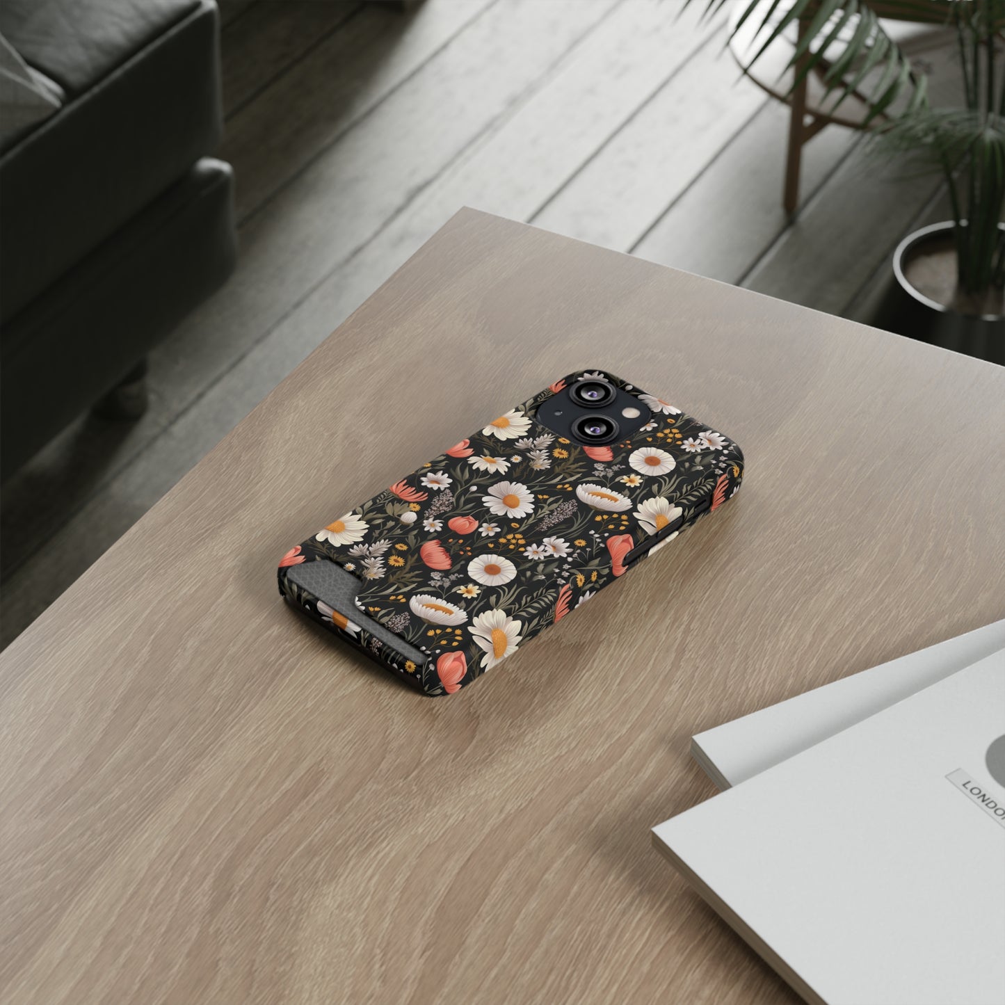 Blossom Elegance: Noir Garden iPhone and Samsung Case With Card Holder