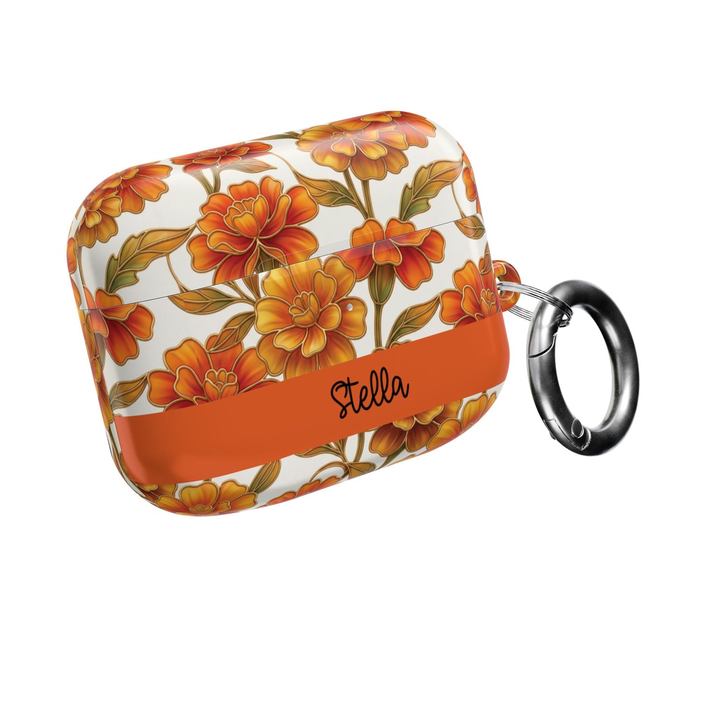 Stained Glass Effect Floral Orange Marigold AirPod Case — Personalized Name Option