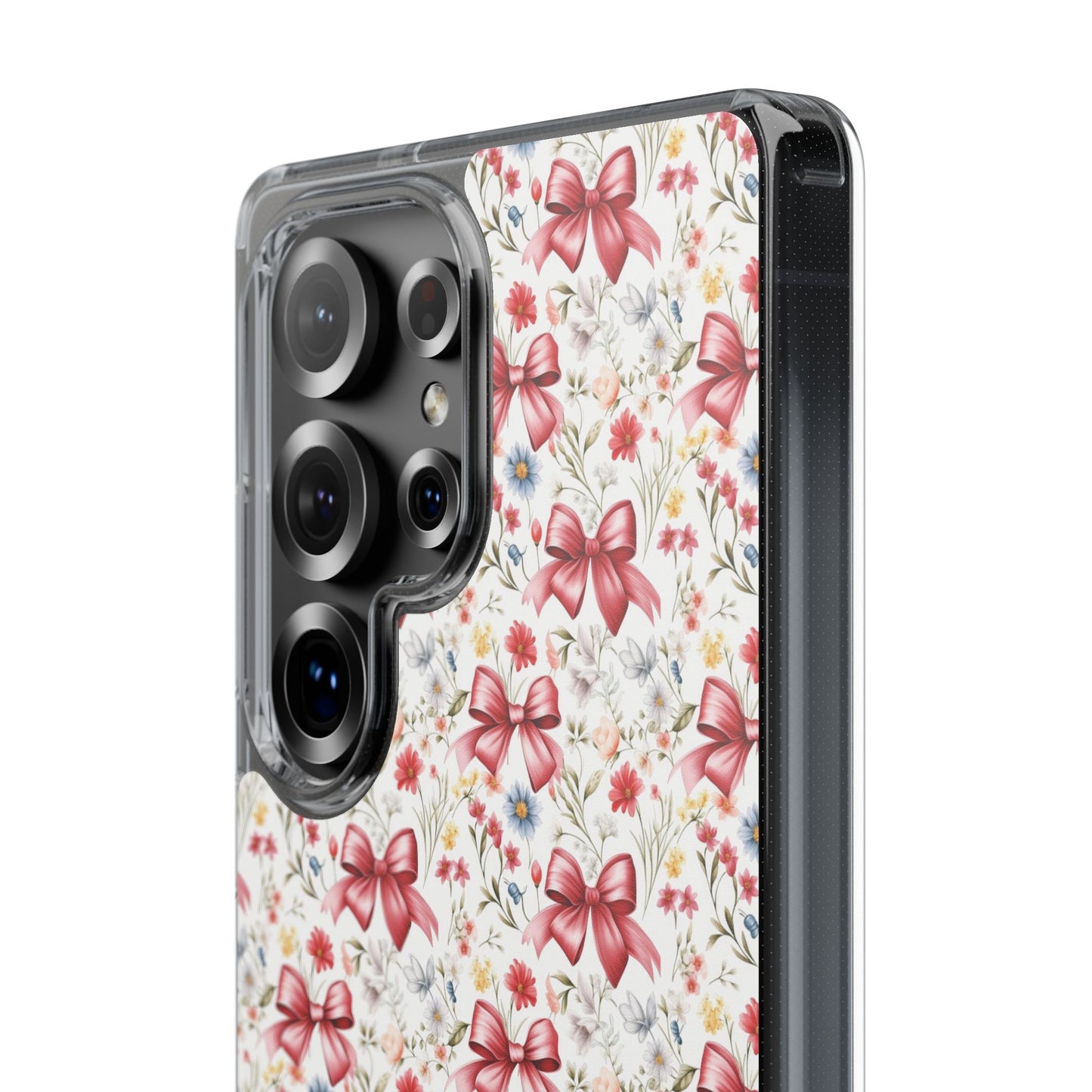 Personalized Rosette Coquette Floral Bow Clear iPhone, Samsung Cases — Custom Name Phone Cover