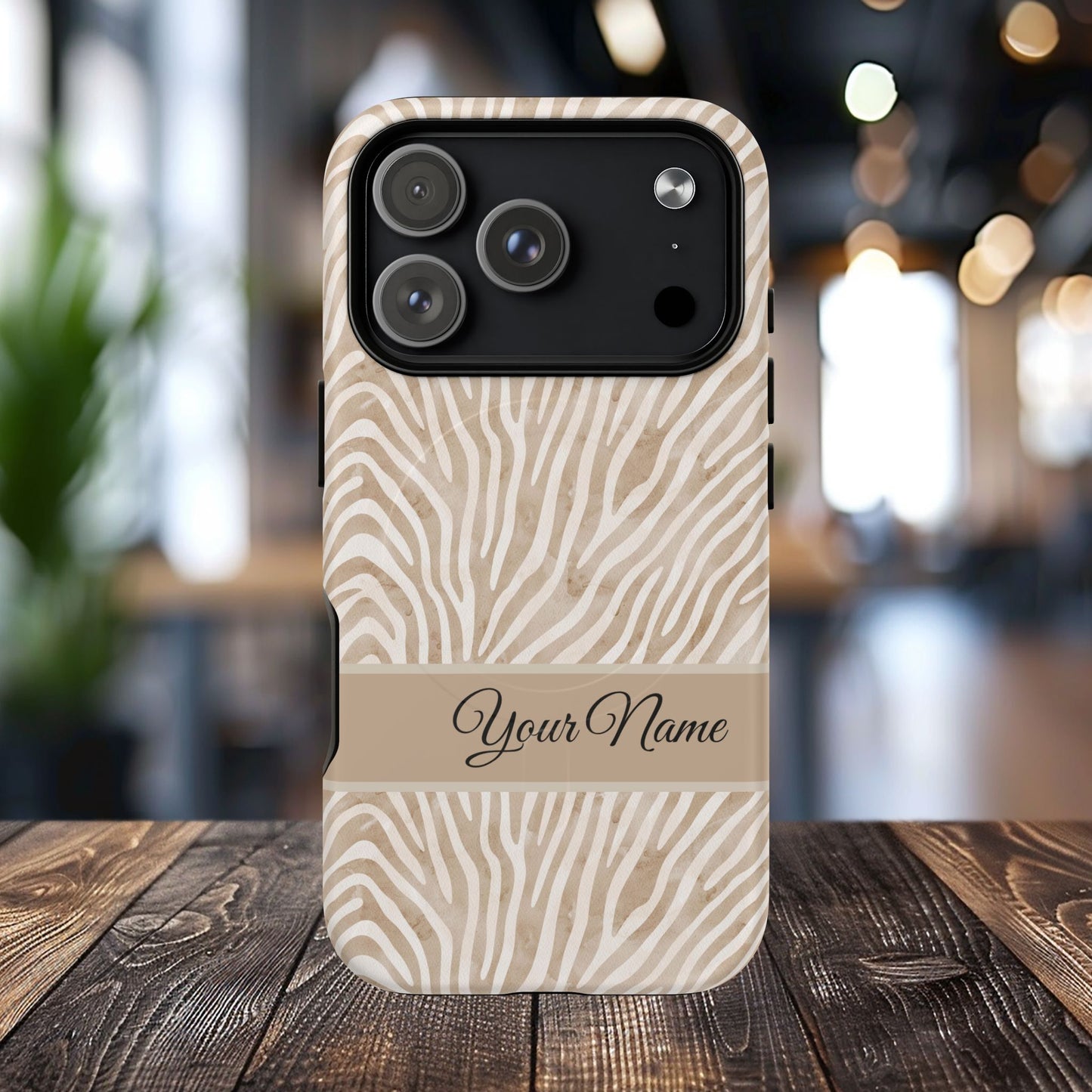 Personalized Zebra Animal Print Cover, Tough Magnetic MagSafe® iPhone® 13, 14, 15, 16, 17, Pro, Pro Max, Plus Cases (Custom Name).