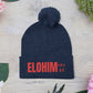 Red Pom-Pom Knit Cap with 'ELOHIM, GENESIS 1:1'  Embroidery Beanie - Stylish Winter Accessory for All Ages, Perfect Gift for Birthdays, Holidays, and Outdoor Activities