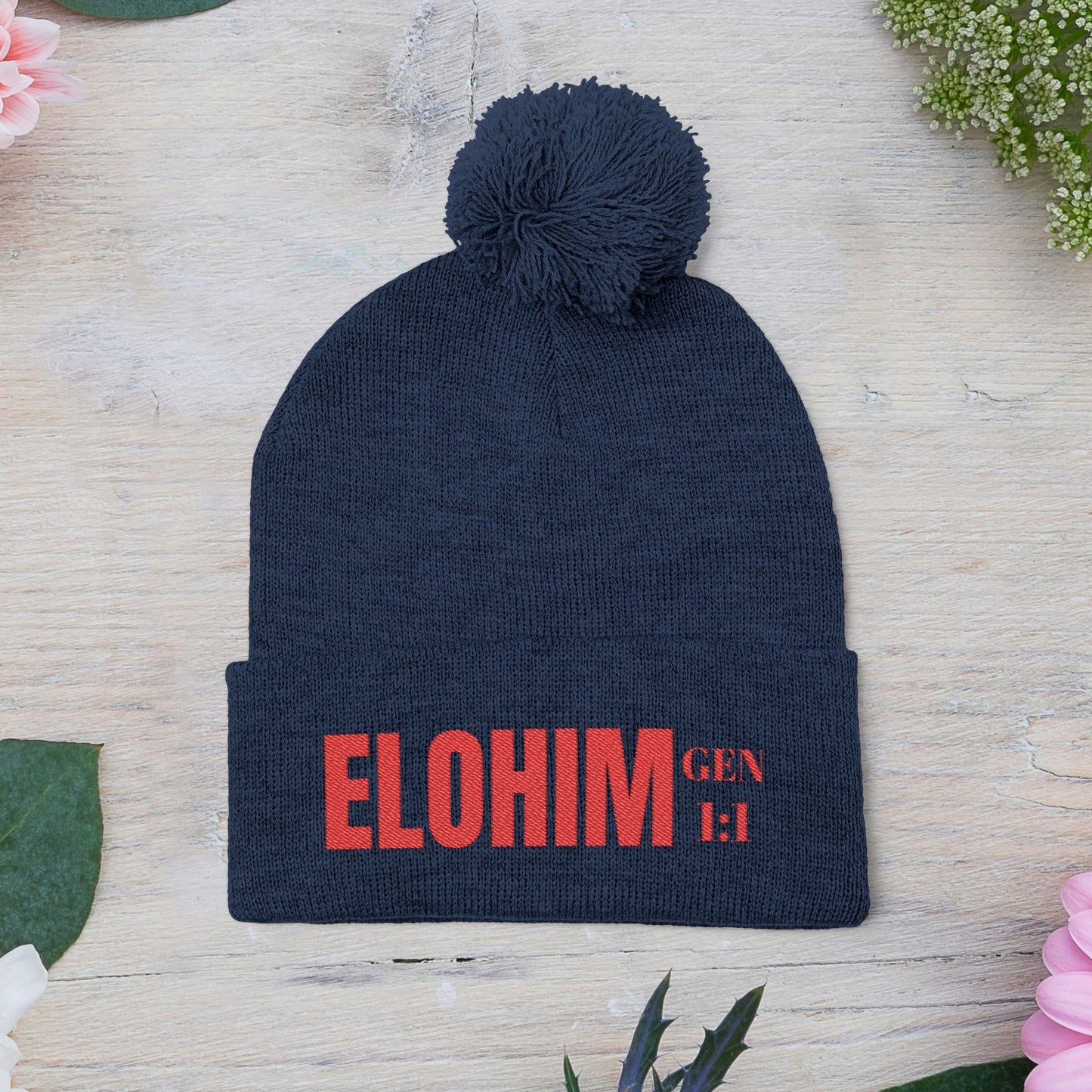 Red Pom-Pom Knit Cap with 'ELOHIM, GENESIS 1:1'  Embroidery Beanie - Stylish Winter Accessory for All Ages, Perfect Gift for Birthdays, Holidays, and Outdoor Activities