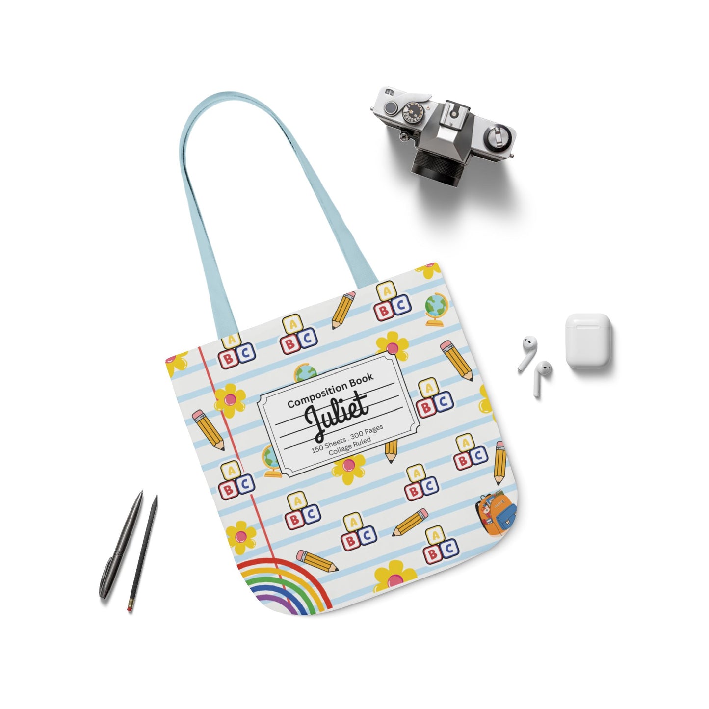 Personalized White Schoolyard Chic Composition Book Inspired Canvas Tote Bag with Colorful Straps, Cute School Bag, Eco-Friendly Tote, Back to School Shopping Bag, Teacher Gift Idea