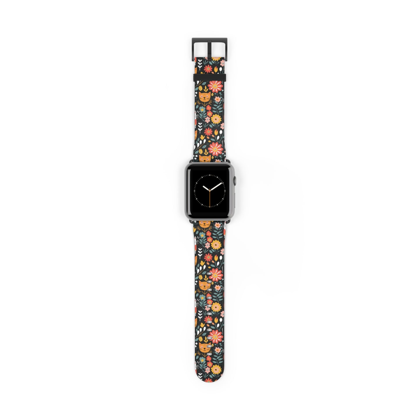 Whimsical Feline Garden Print Watch Band for Apple Watch - Cute Animal Design.