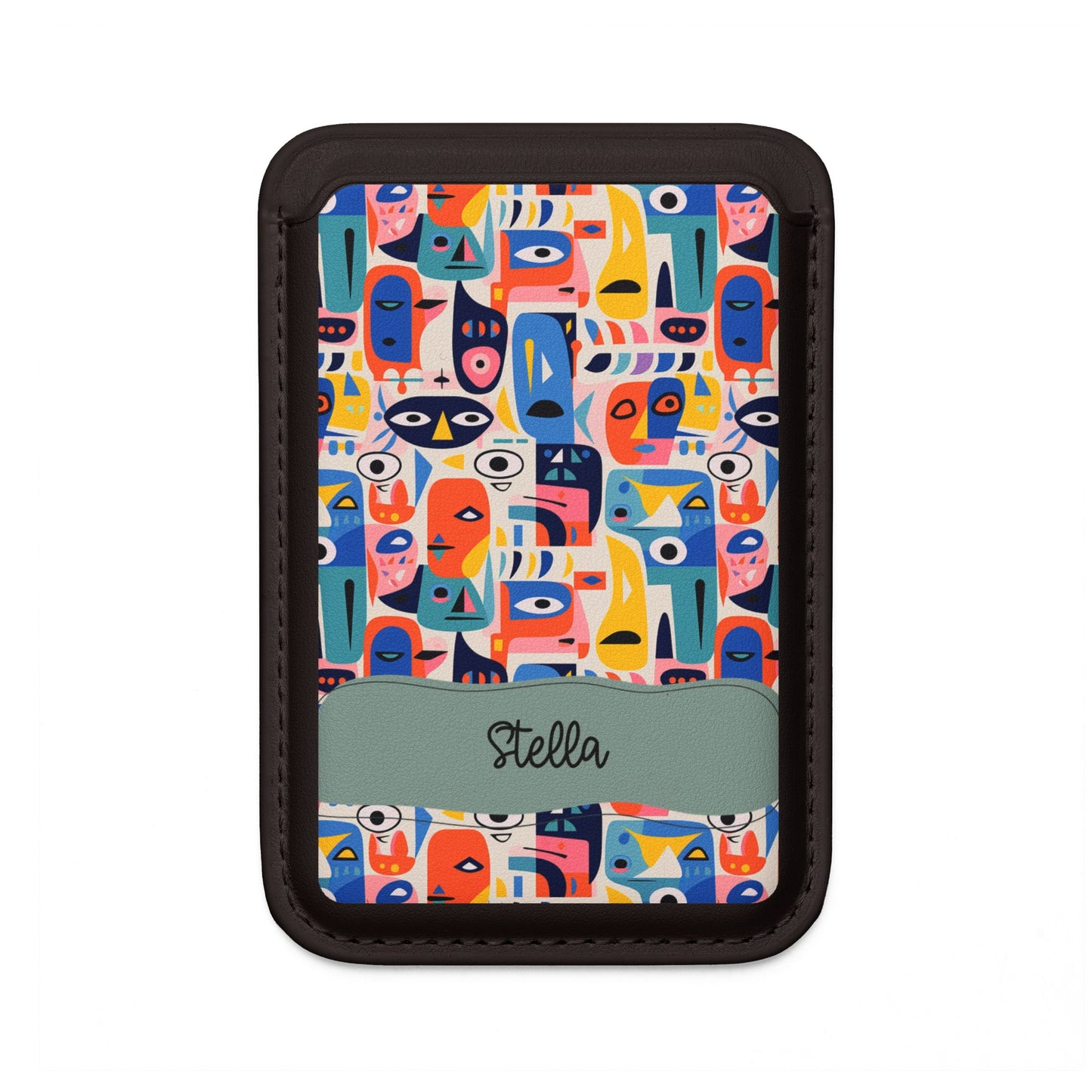 Personalized MagSafe Vegan Card Wallet — Colorful Abstract Faces with Name Plate  Unique Tech Accessory