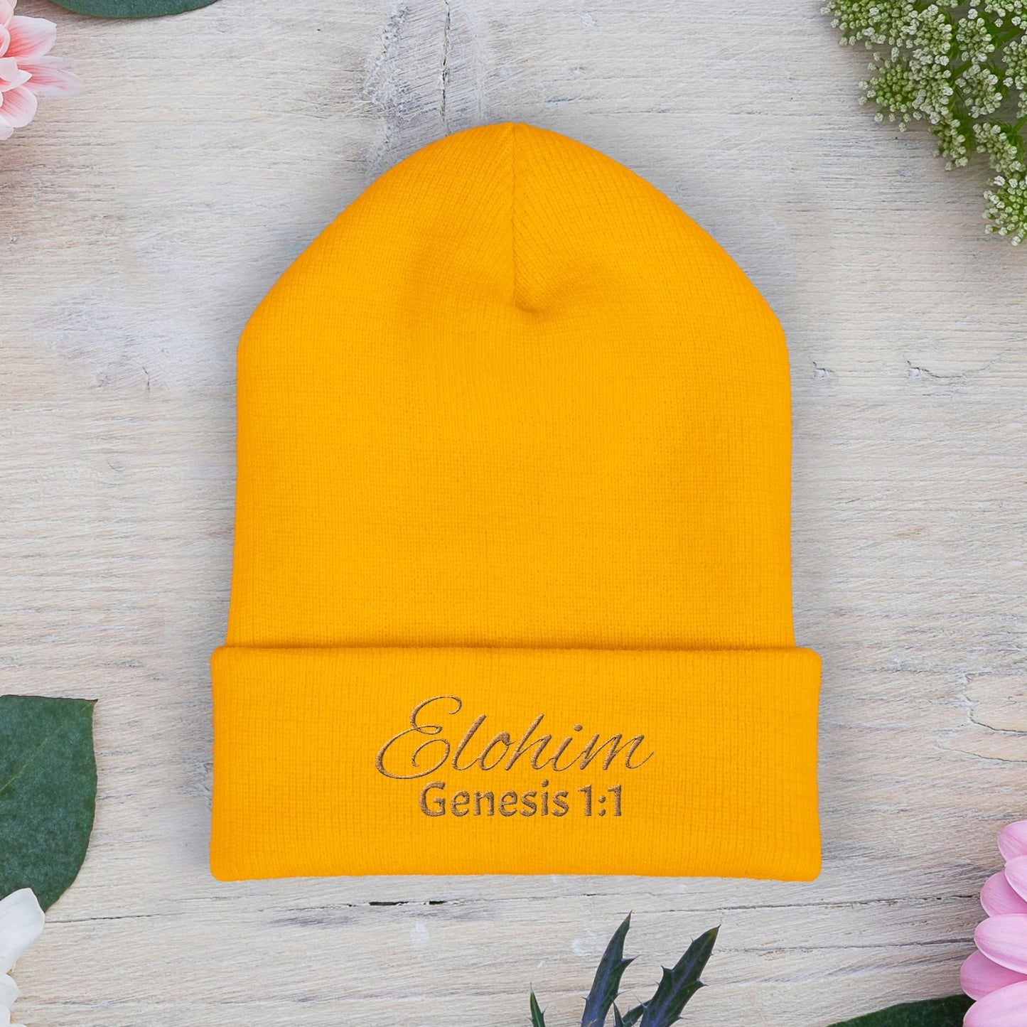 Brown Embroidered 'ELOHIM, GENESIS 1:1' Classic Cuffed Beanie - Cozy Winter Hat, Streetwear Accessory, Personalized Gifts, Religious Apparel, Unisex Beanie