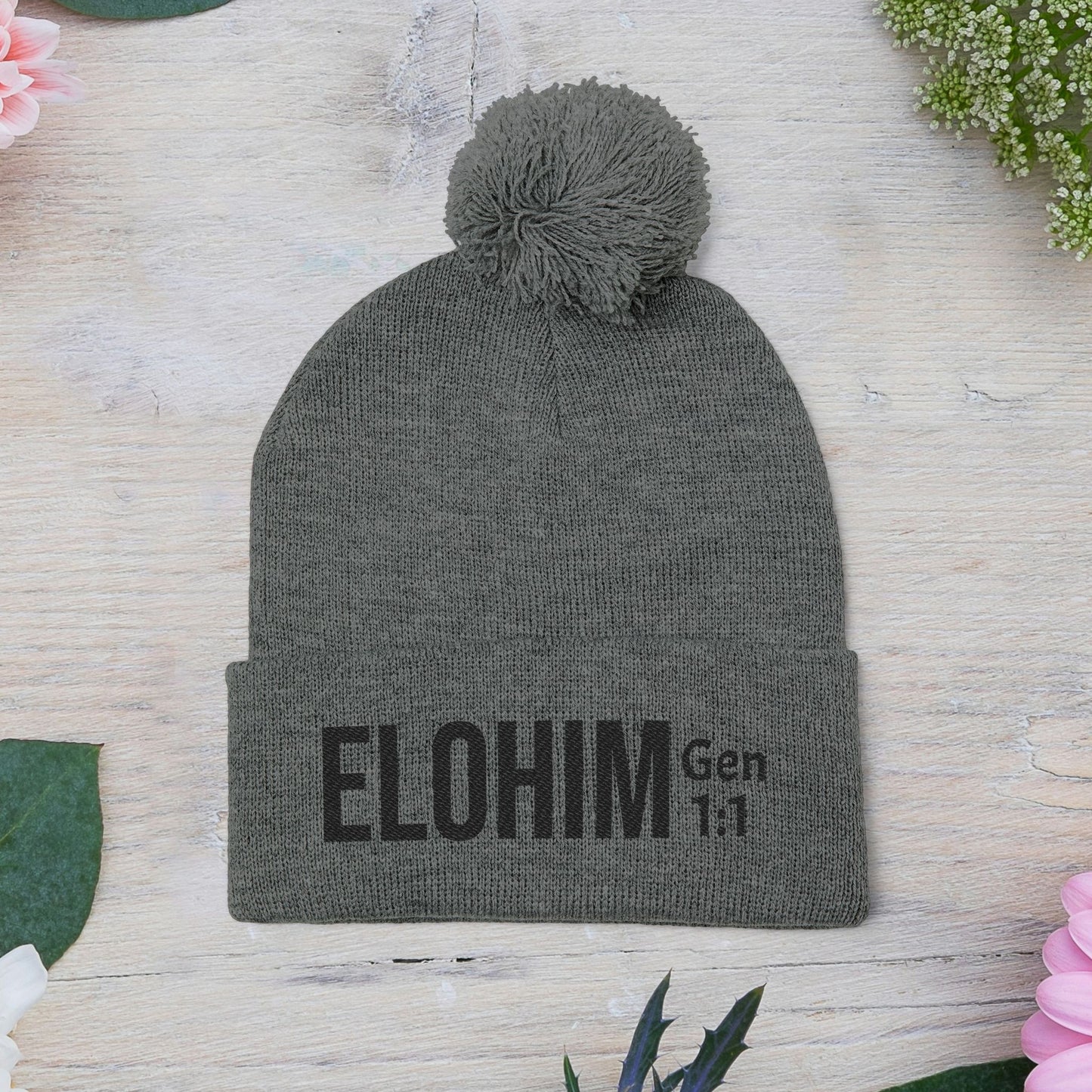 Cozy Pom-Pom Knit Cap with 'ELOHIM, GENESIS 1:1'  Embroidery Beanie - Stylish Winter Accessory for All Ages, Perfect Gift for Birthdays, Holidays, and Outdoor Activities