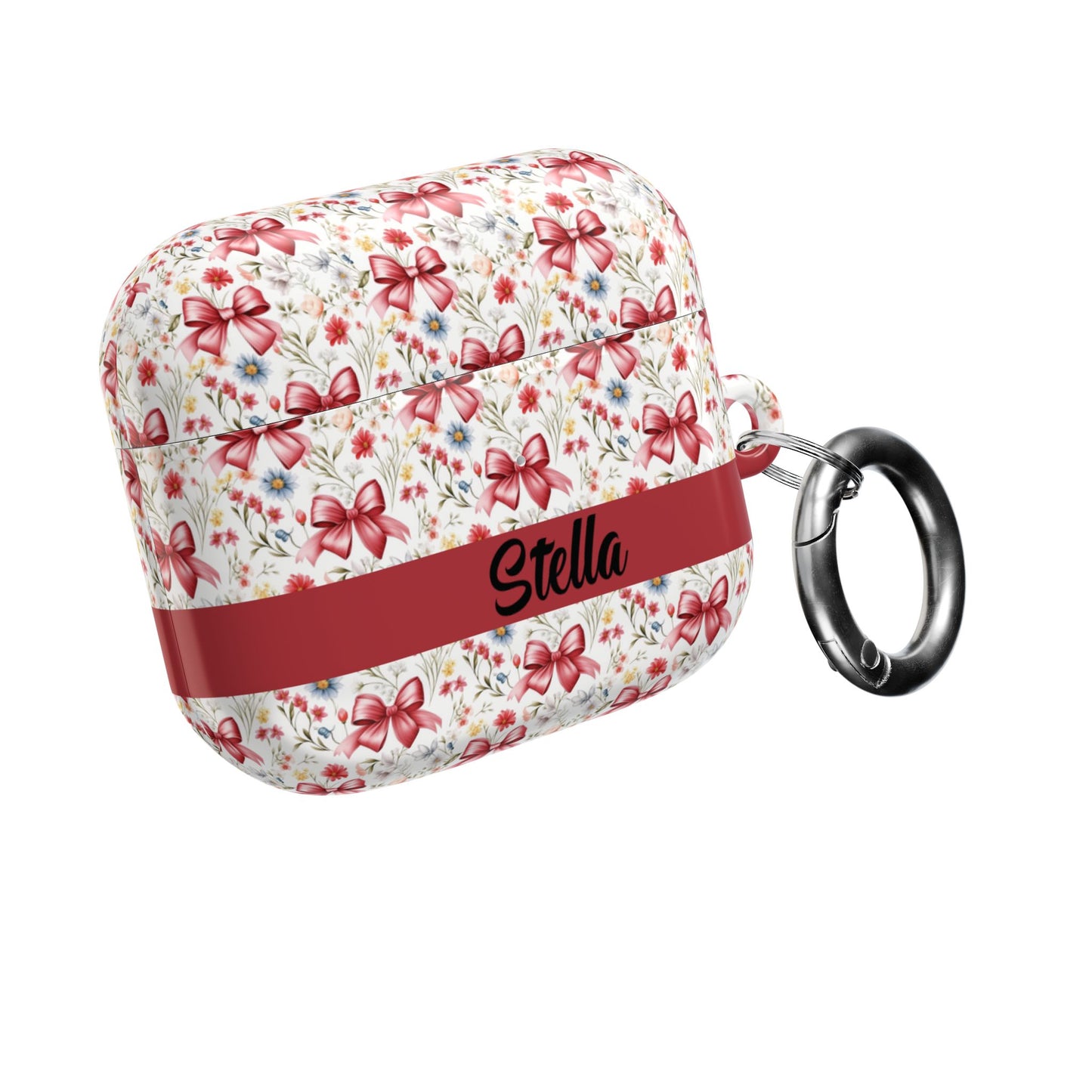 Personalized Rosette Coquette Floral AirPods Pro Gen 1, 2 and Airpods Gen 1, 2, 3, 4 Case — Red Bow Pattern with Custom Name Text.