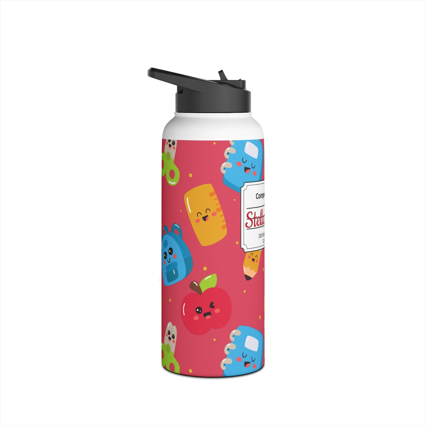 Personalized Kawaii Composition Book Inspired Stainless Steel Water Bottle for Kids, School Supplies, Eco-Friendly Drinkware, Back to School, Teacher Gifts