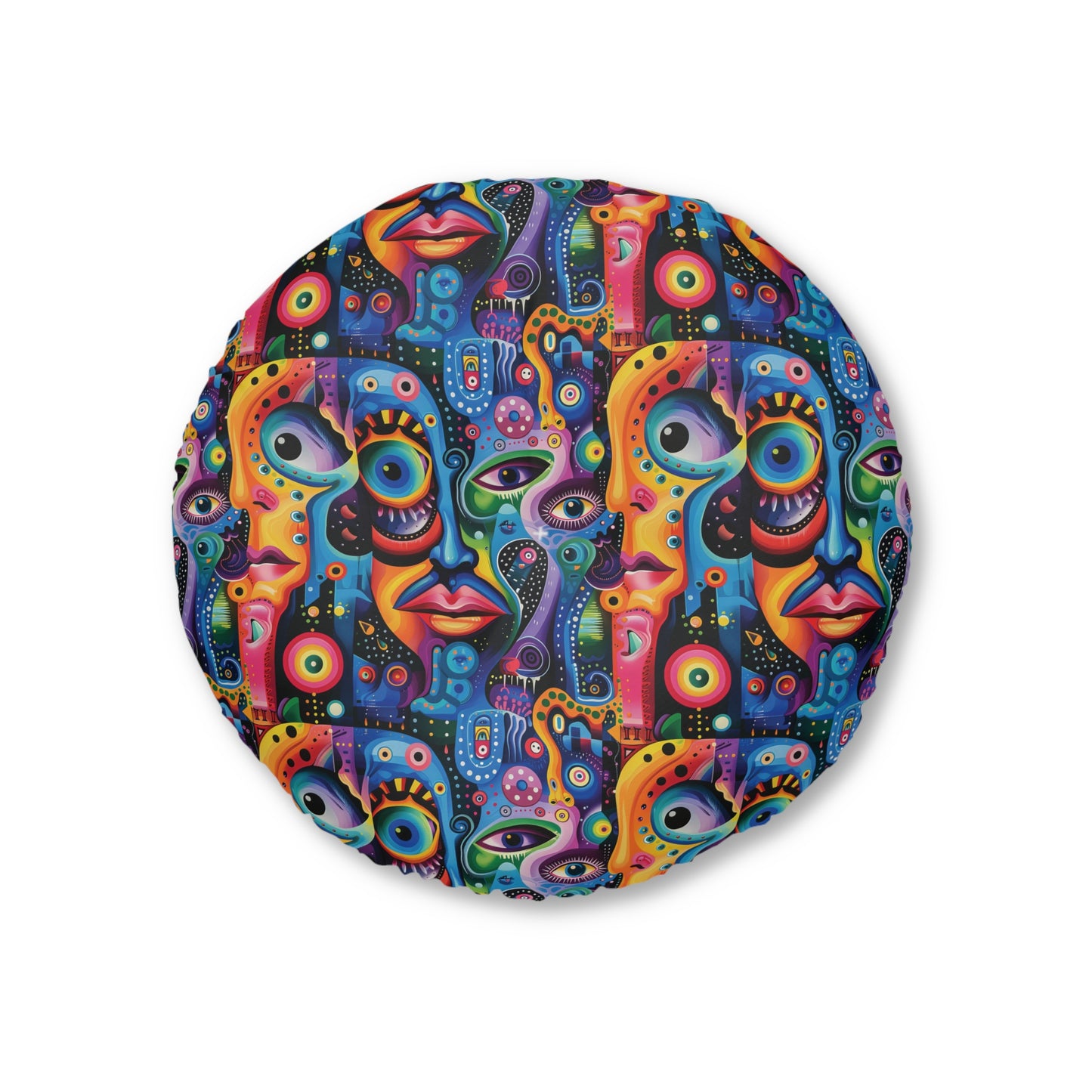 Psychedelic Visions Vibrant Faces Tufted Floor Pillow, Round | Boho Decor, Meditation Cushion, Funky Home Accent, Unique Gift, Pop Art Seating