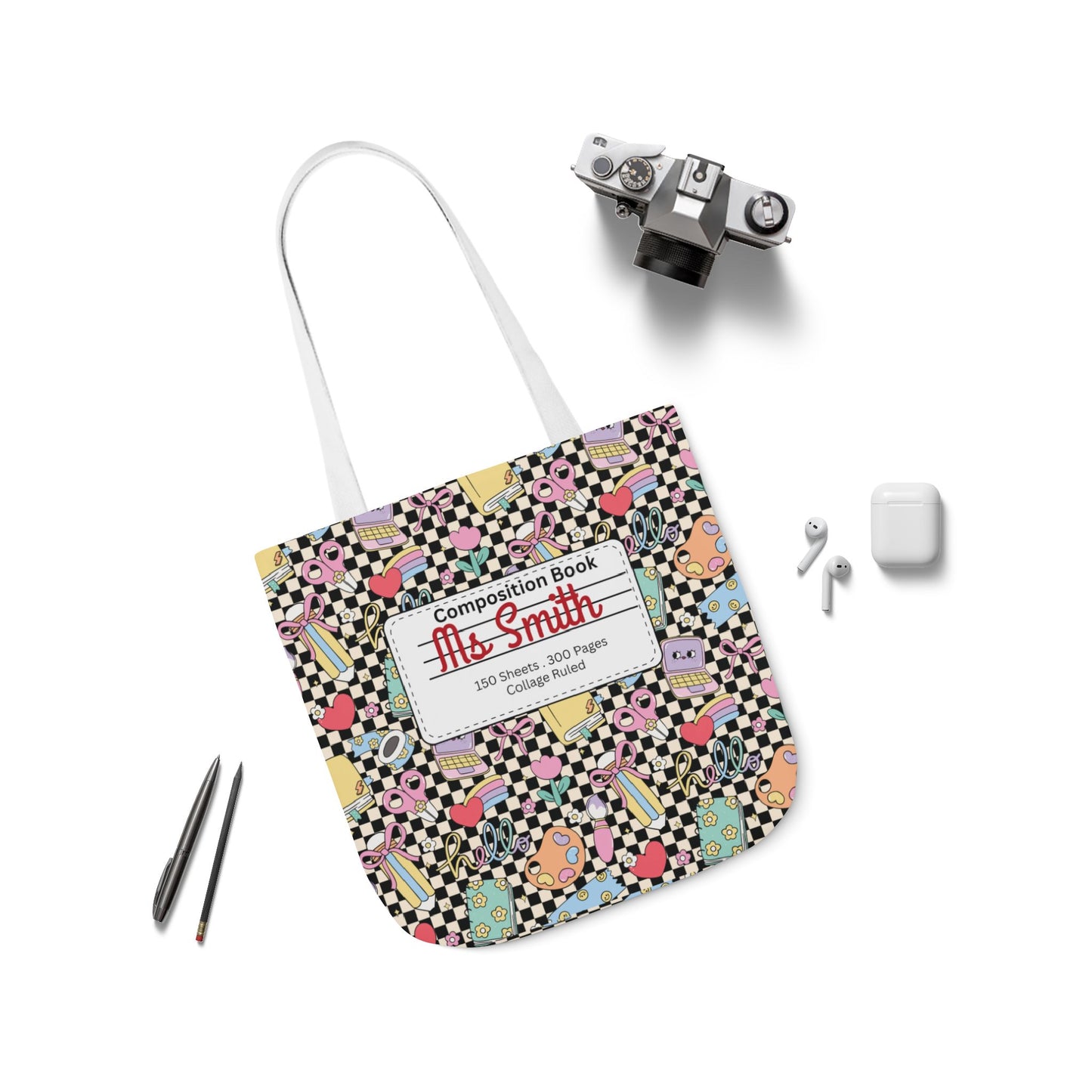 Personalized Black Doodle Daydream Composition Book Inspired Canvas Tote Bag with Colorful Straps, Cute School Bag, Eco-Friendly Tote, Back to School Shopping Bag, Teacher Gift Idea