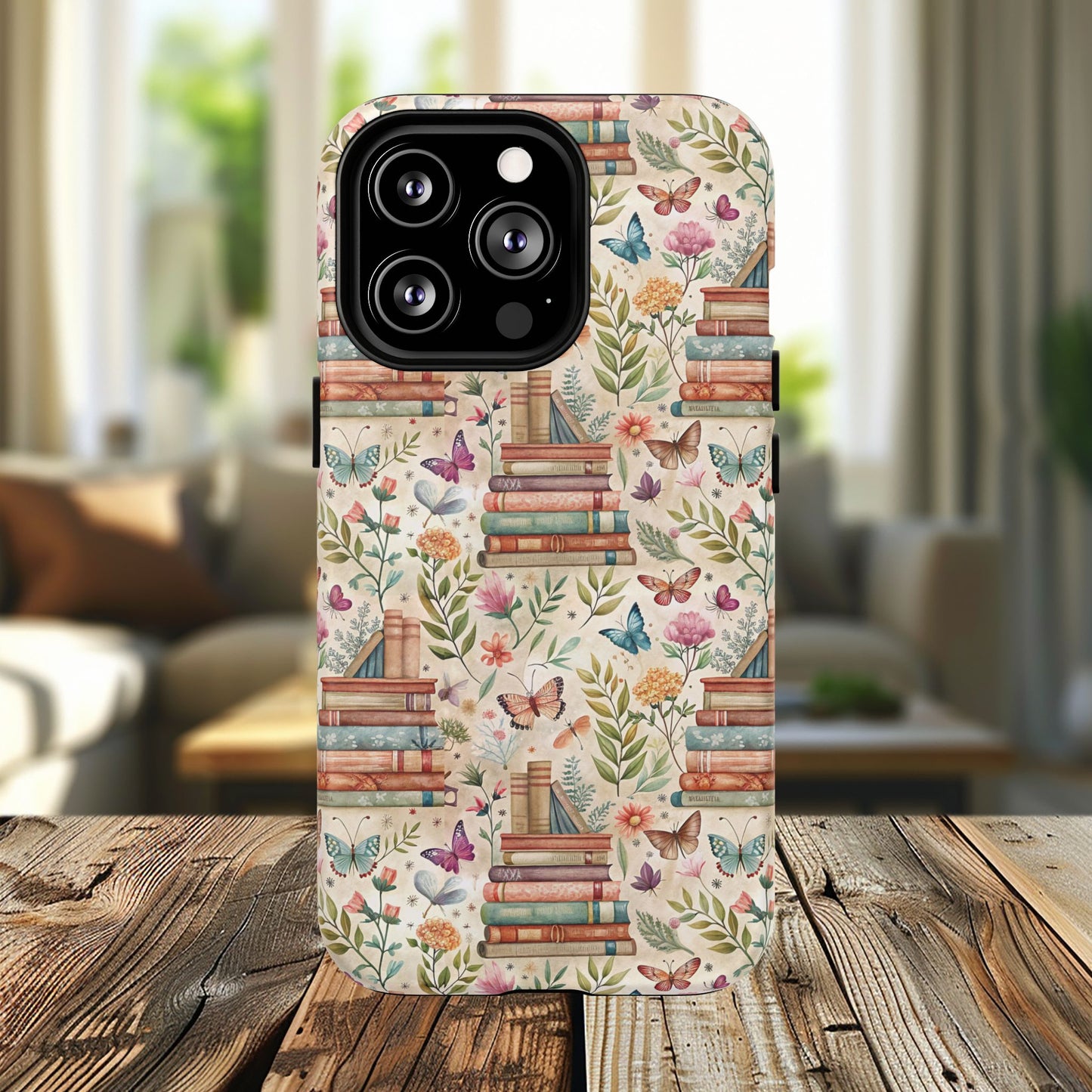 Colorful Bookworm Tough Magnetic iPhone Case,  Floral Butterfly Print, Gift for Readers, Tough IPhone Protective Cover, Bookish iPhone Case.