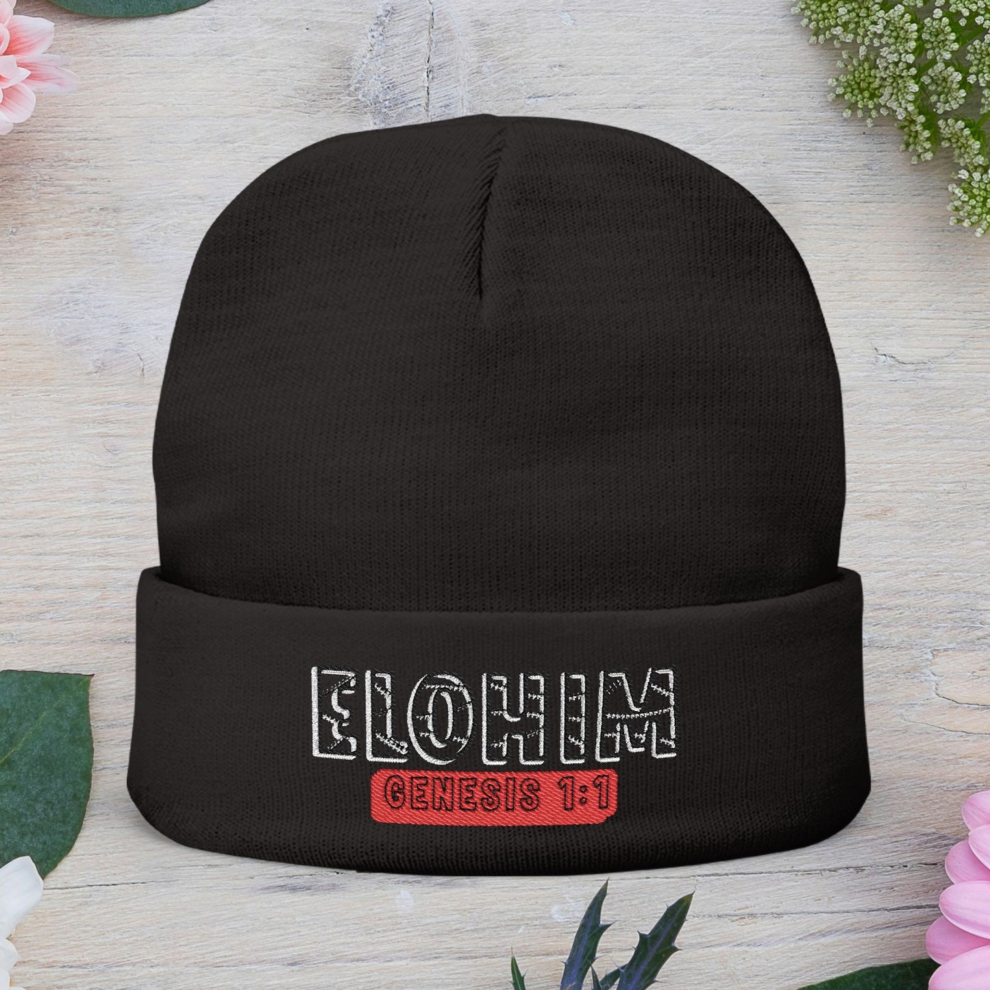 Stylish Knit Beanie with 'ELOHIM, Genesis 1:1' Embroidery, Winter Accessory, Religious Gift, Cozy Beanie Cap, Faith-Inspired Fashion