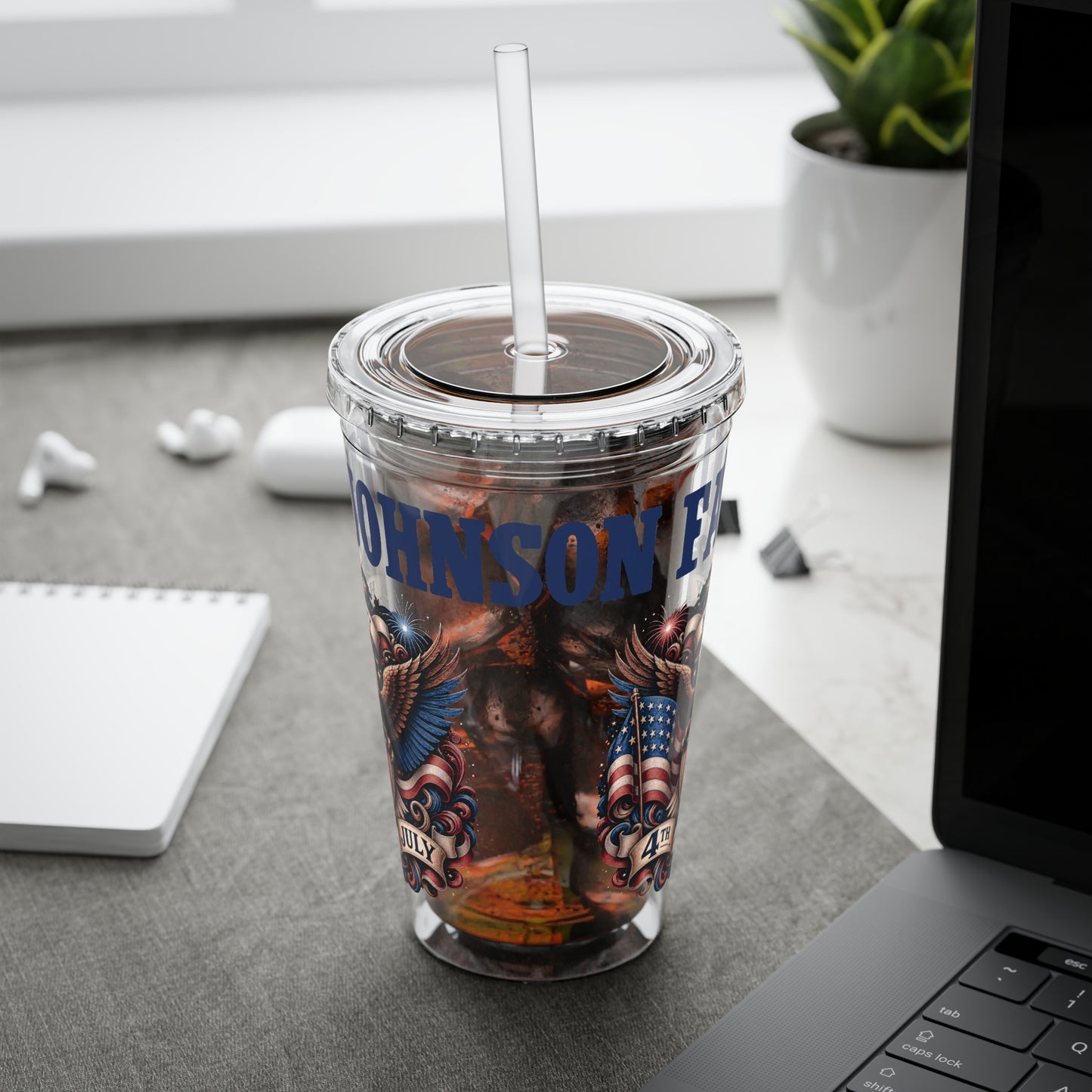 Patriotic Eagle 16oz Tumbler with Straw — "Happy 4th of July" USA Design