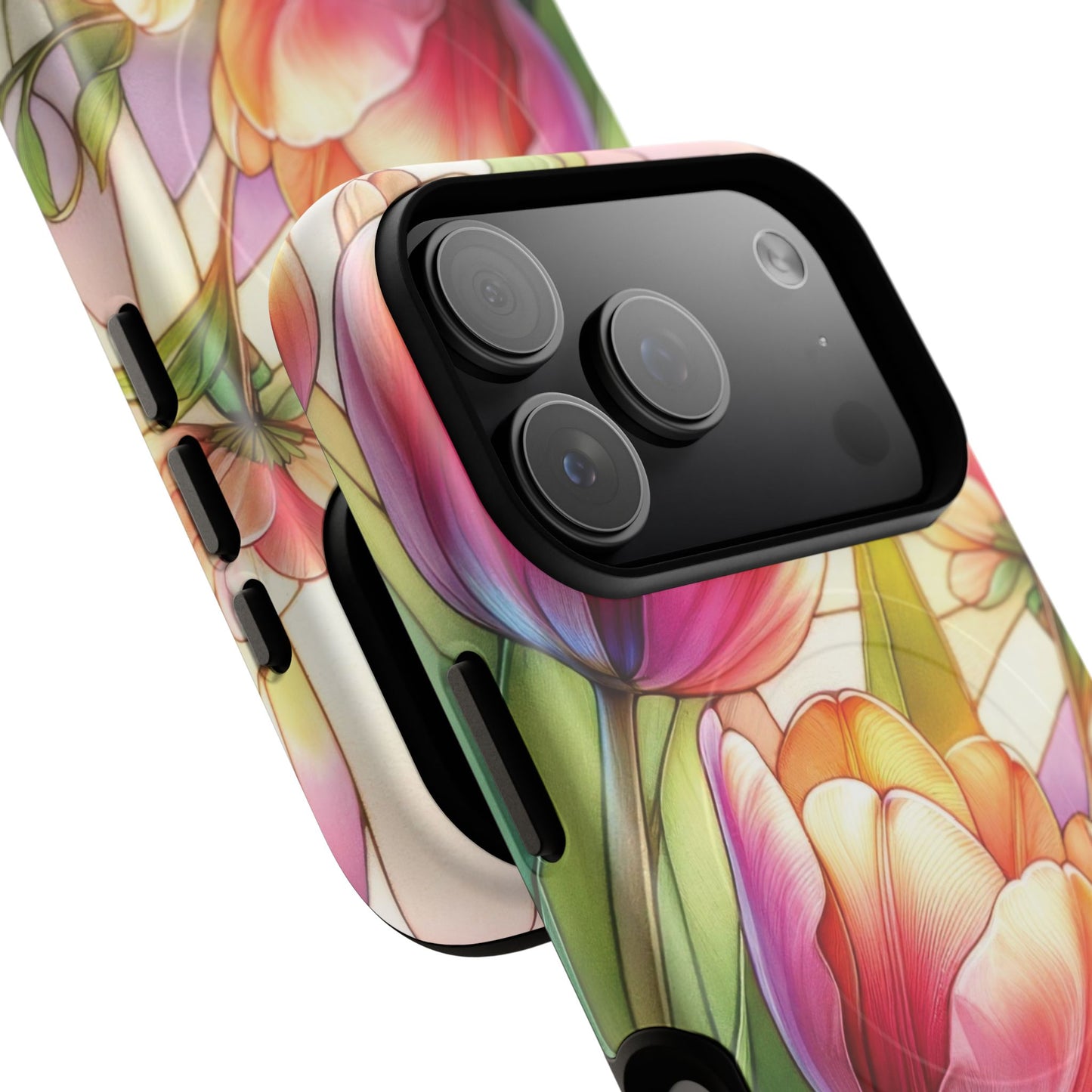 Tulip Glow Tough iPhone Magnetic Case, Floral Design, Spring Gift, Durable Protection, Smartphone Accessories, MagSafe Accessories, Stained Glass Tulip Gift