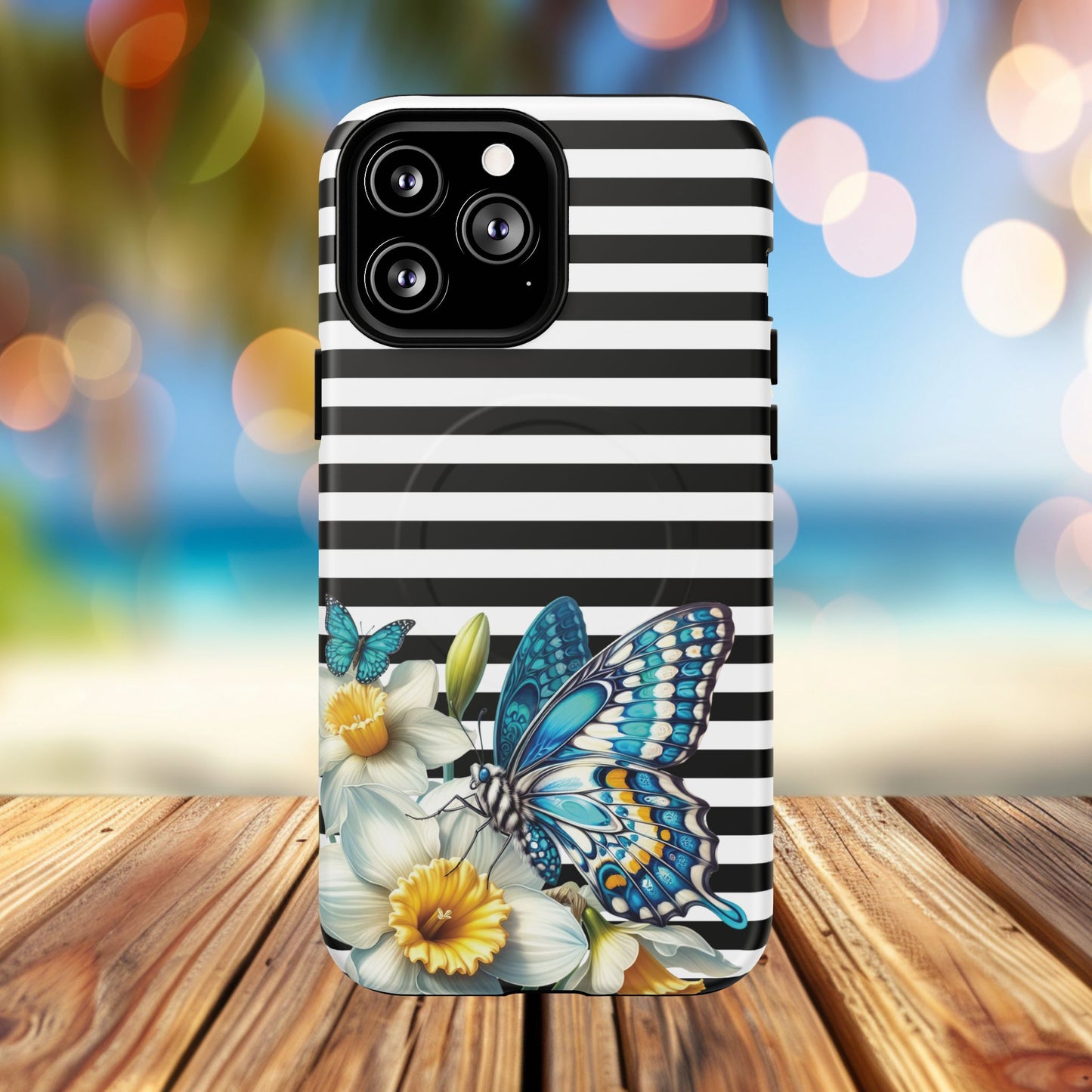Daffodil Flutter Tough iPhone Magnetic Case, Floral iPhone Accessories, Stylish iPhone Cover, Black Striped Design, Gift for Her, Trendy iPhone
