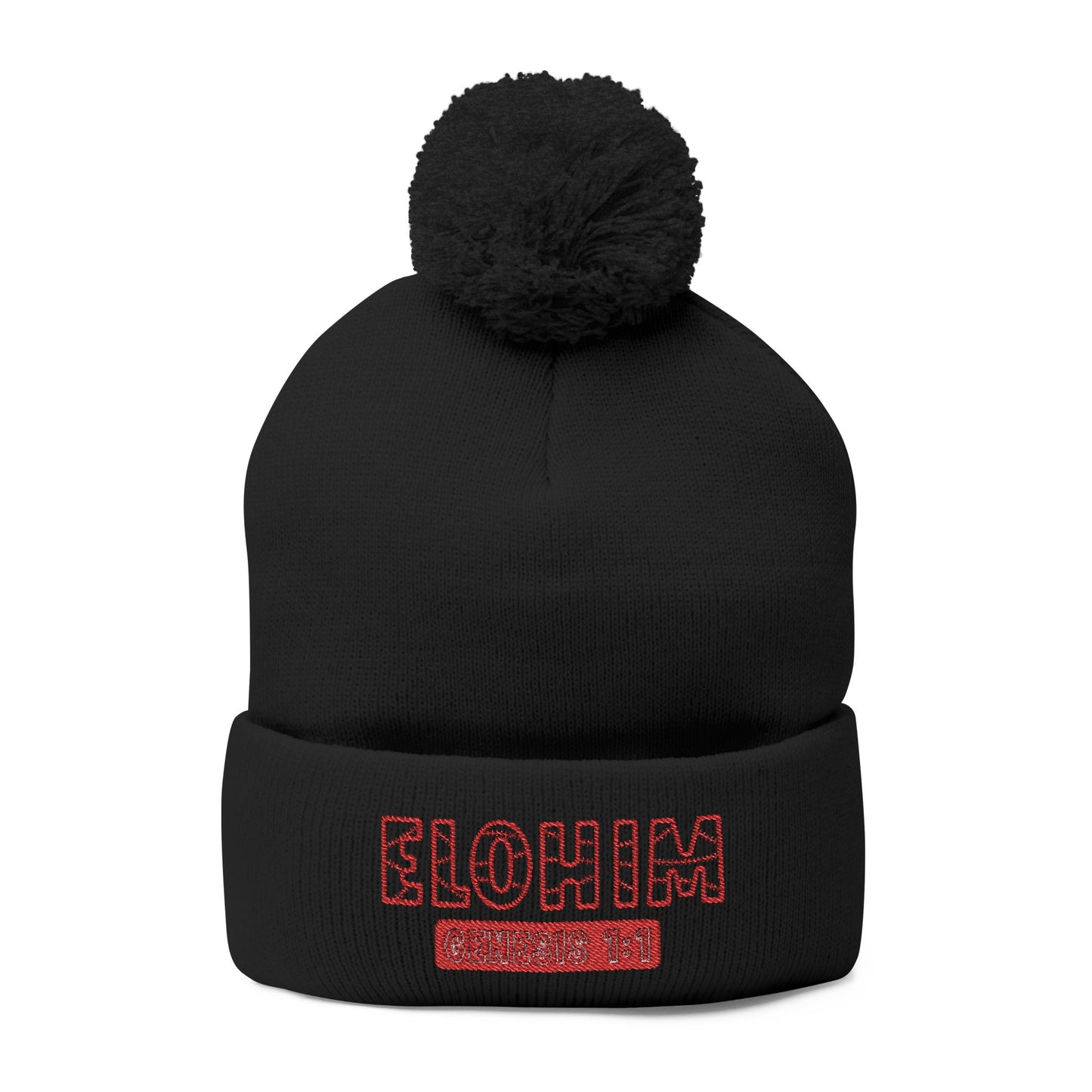 Red Pom-Pom Knit Cap with 'ELOHIM, GENESIS 1:1'  Embroidery Beanie - Stylish Winter Accessory for All Ages, Perfect Gift for Birthdays, Holidays, and Outdoor Activities