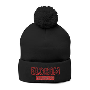 Red Pom-Pom Knit Cap with 'ELOHIM, GENESIS 1:1'  Embroidery Beanie - Stylish Winter Accessory for All Ages, Perfect Gift for Birthdays, Holidays, and Outdoor Activities
