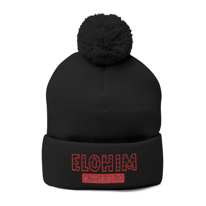 Red Pom-Pom Knit Cap with 'ELOHIM, GENESIS 1:1'  Embroidery Beanie - Stylish Winter Accessory for All Ages, Perfect Gift for Birthdays, Holidays, and Outdoor Activities