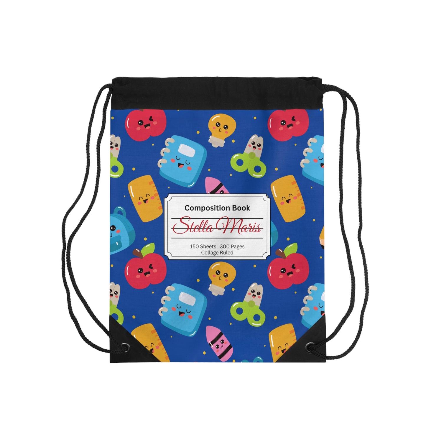 Custom Blue Kawaii Composition Book Inspired Colorful ABC Drawstring Bag | Personalized College Ruled Tote | Kids School Gear | Fun Gym Sack | Back to School Accessory