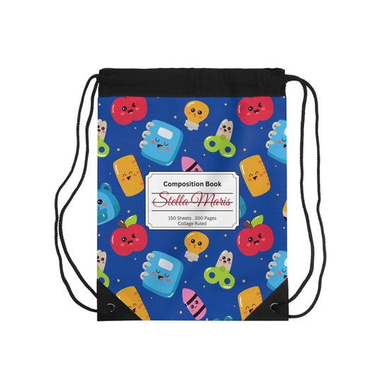 Custom Blue Kawaii Composition Book Inspired Colorful ABC Drawstring Bag | Personalized College Ruled Tote | Kids School Gear | Fun Gym Sack | Back to School Accessory