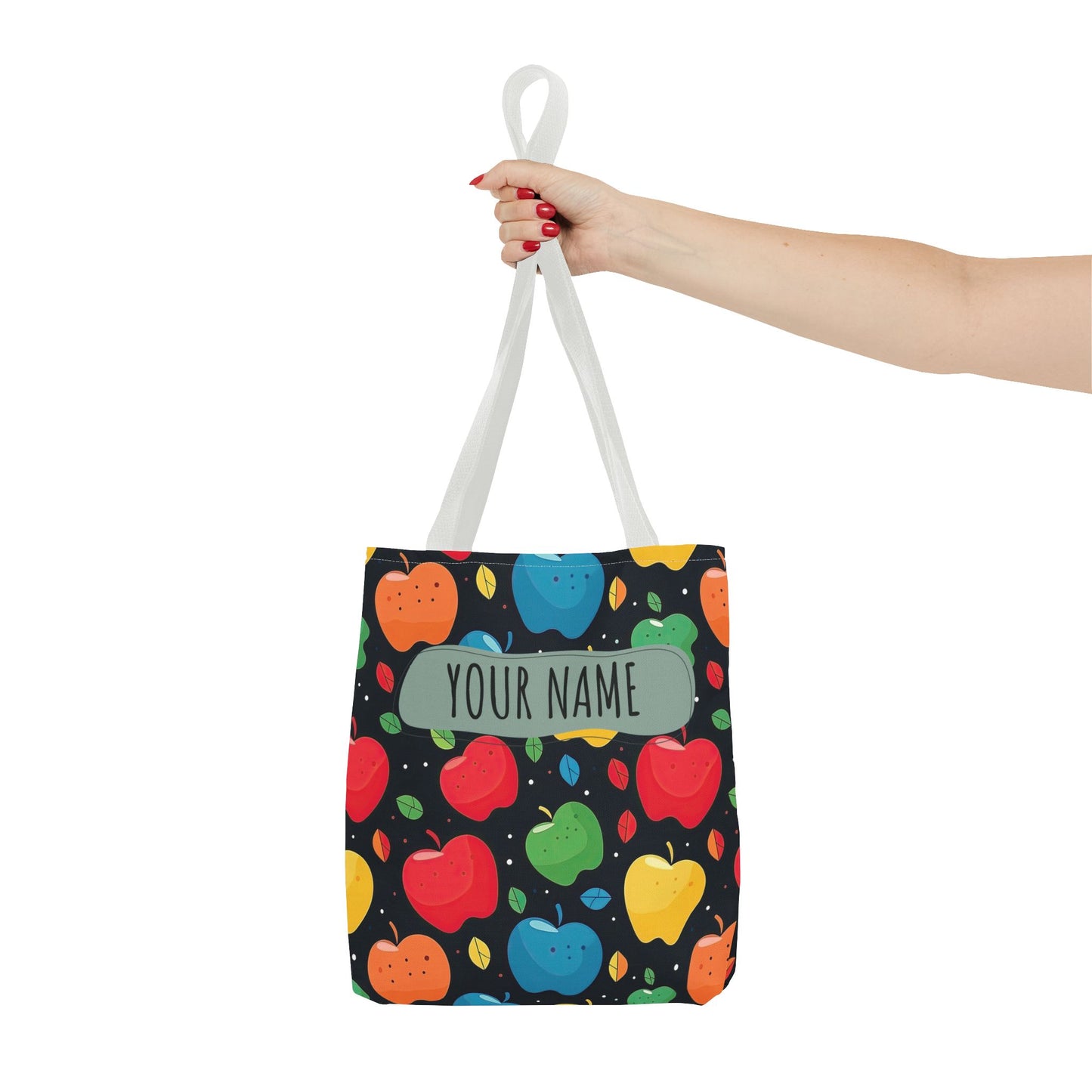 All-Over Apple Print Personalized Tote Bag — Durable Everyday Carry (3 Sizes, 5 Handle Colors)