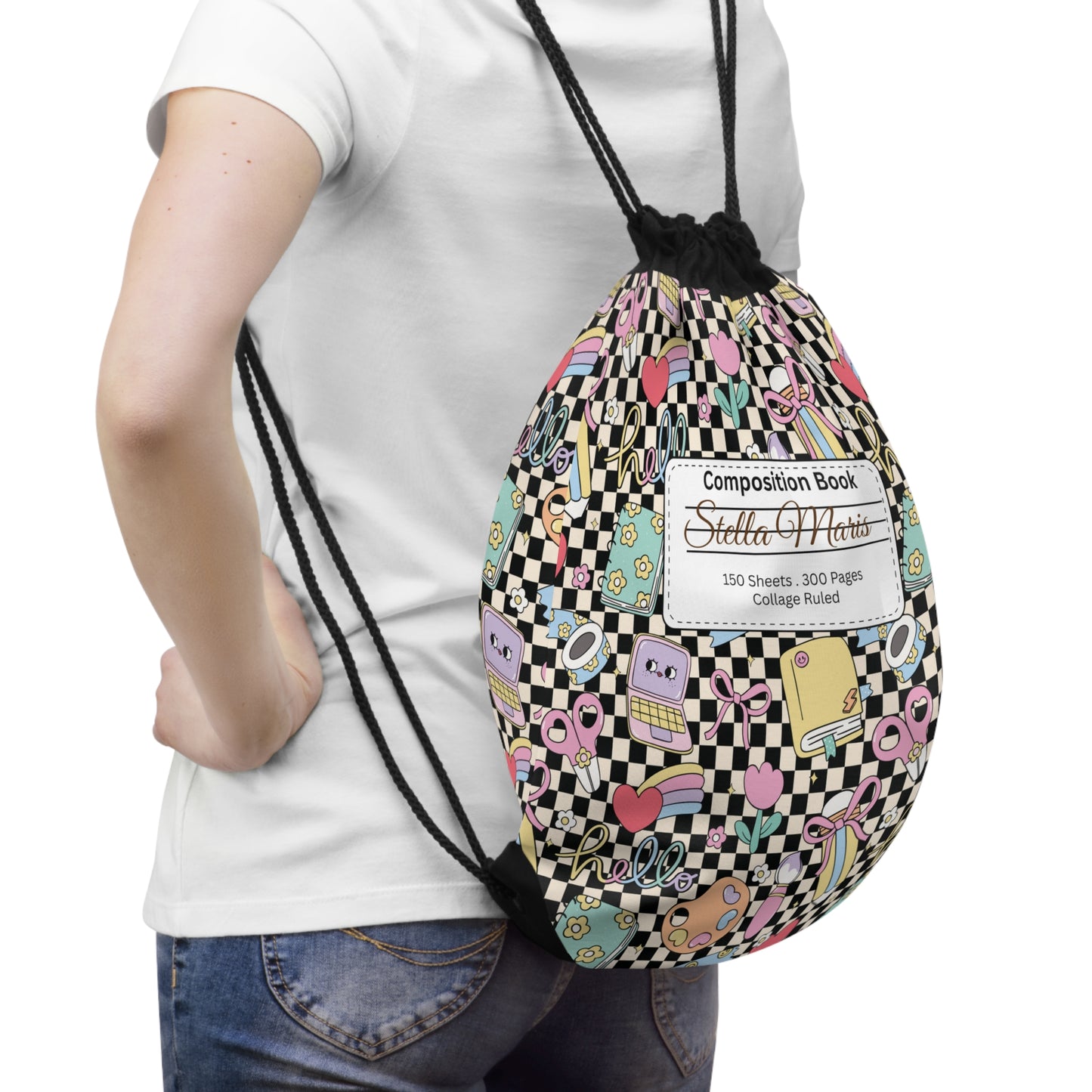 Composition Black Doodle Daydream Book Inspired Colorful ABC Drawstring Bag | Personalized College Ruled Tote | Kids School Gear | Fun Gym Sack | Back to School Accessory