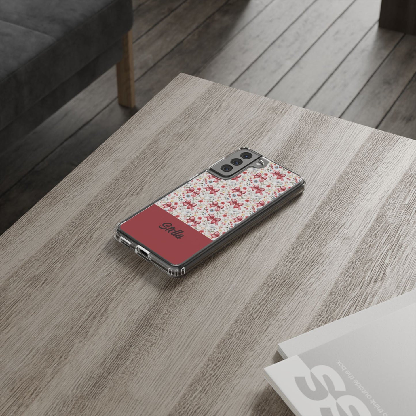 Personalized Rosette Coquette Floral Bow Clear iPhone, Samsung Cases — Custom Name Phone Cover